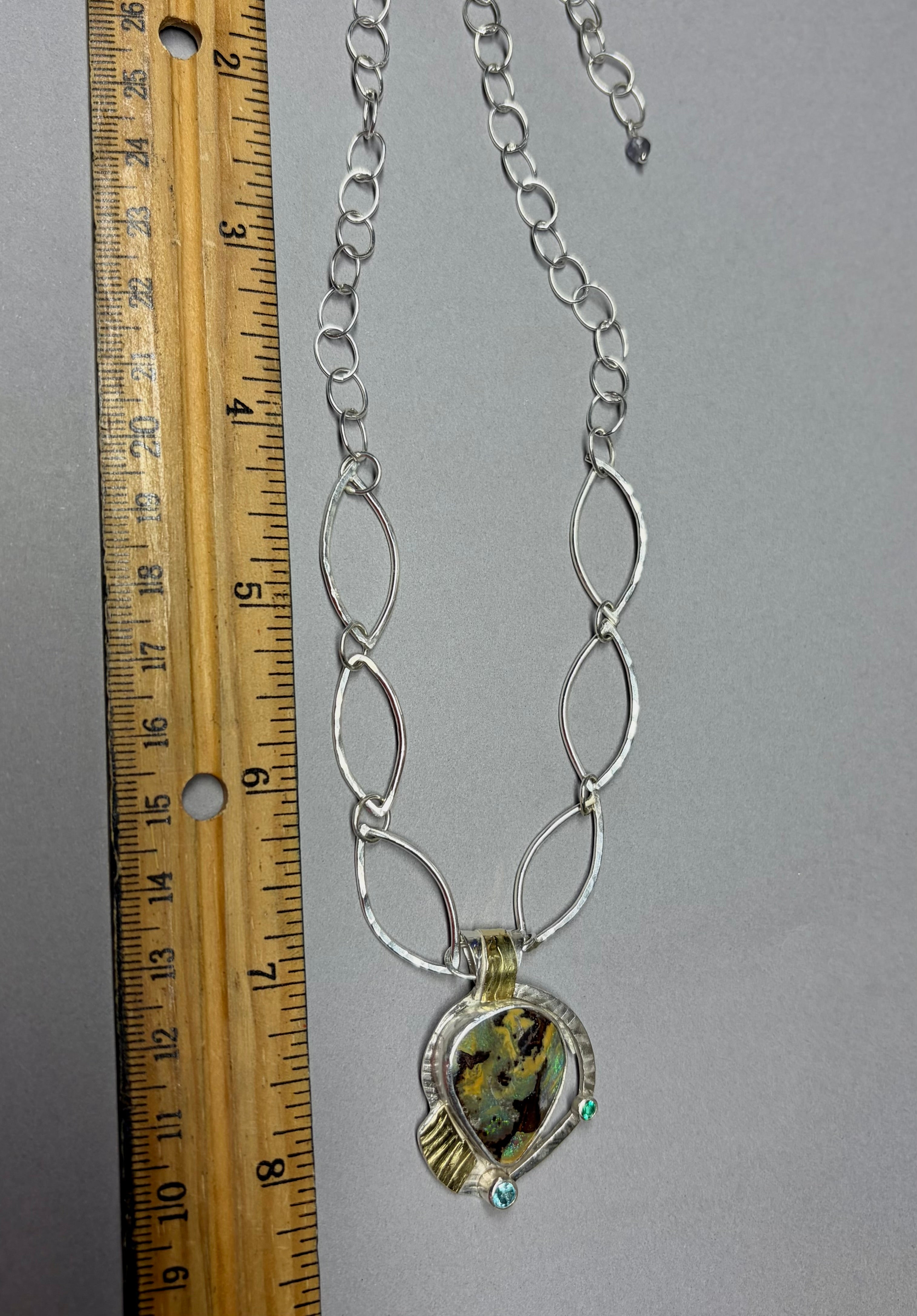 Boulder Opal Necklace in Sterling Silver and Gold, Green Flash Opal Pendant, OOAK
