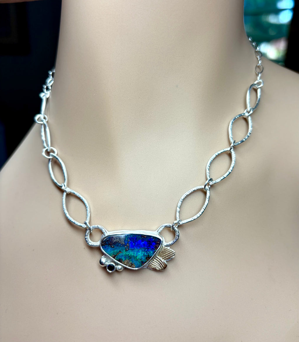 Boulder Opal Necklace with Sapphire: Sterling Silver, Gold, - OOAK Australian Opal