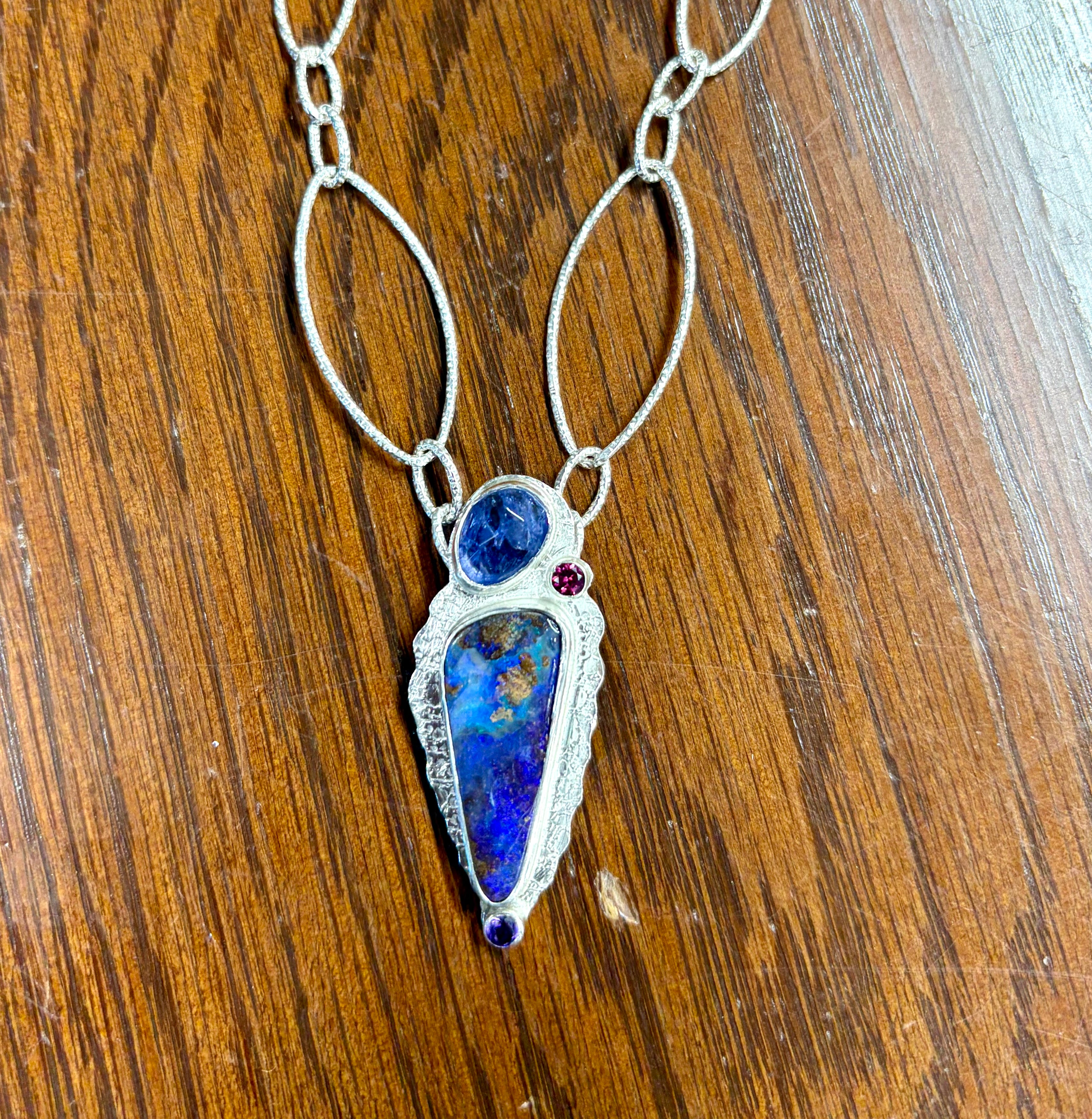 Boulder Opal Necklace: Purple Opal with Tanzanite and Mixed Stones, OOAK Australian Opal
