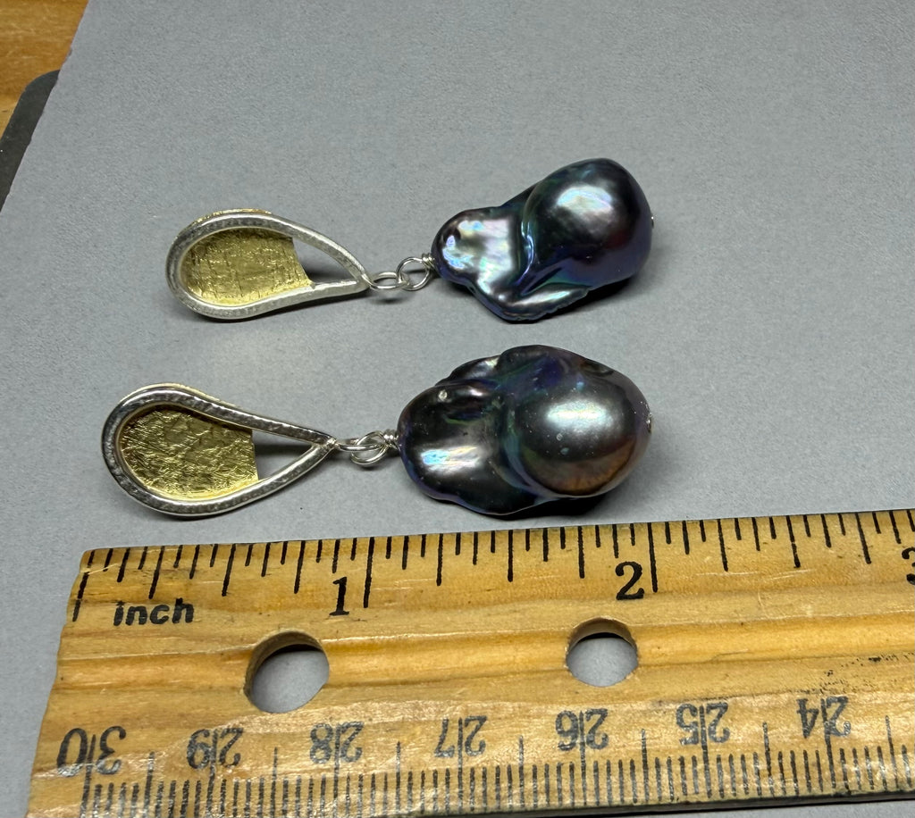 Tahitian Silvertone Pearl Earrings: 18k Gold and Sterling Botanical Earrings, OOAK