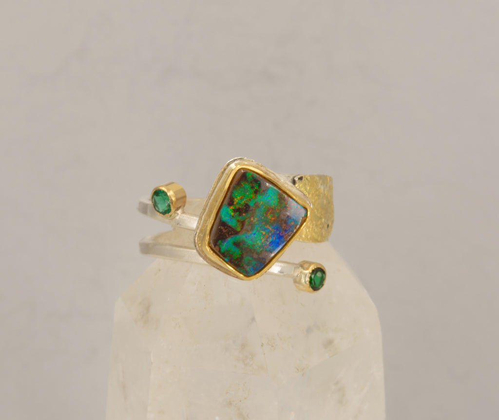Boulder Opal & Emerald Ring in 18K Gold & Silver, Size 8.5