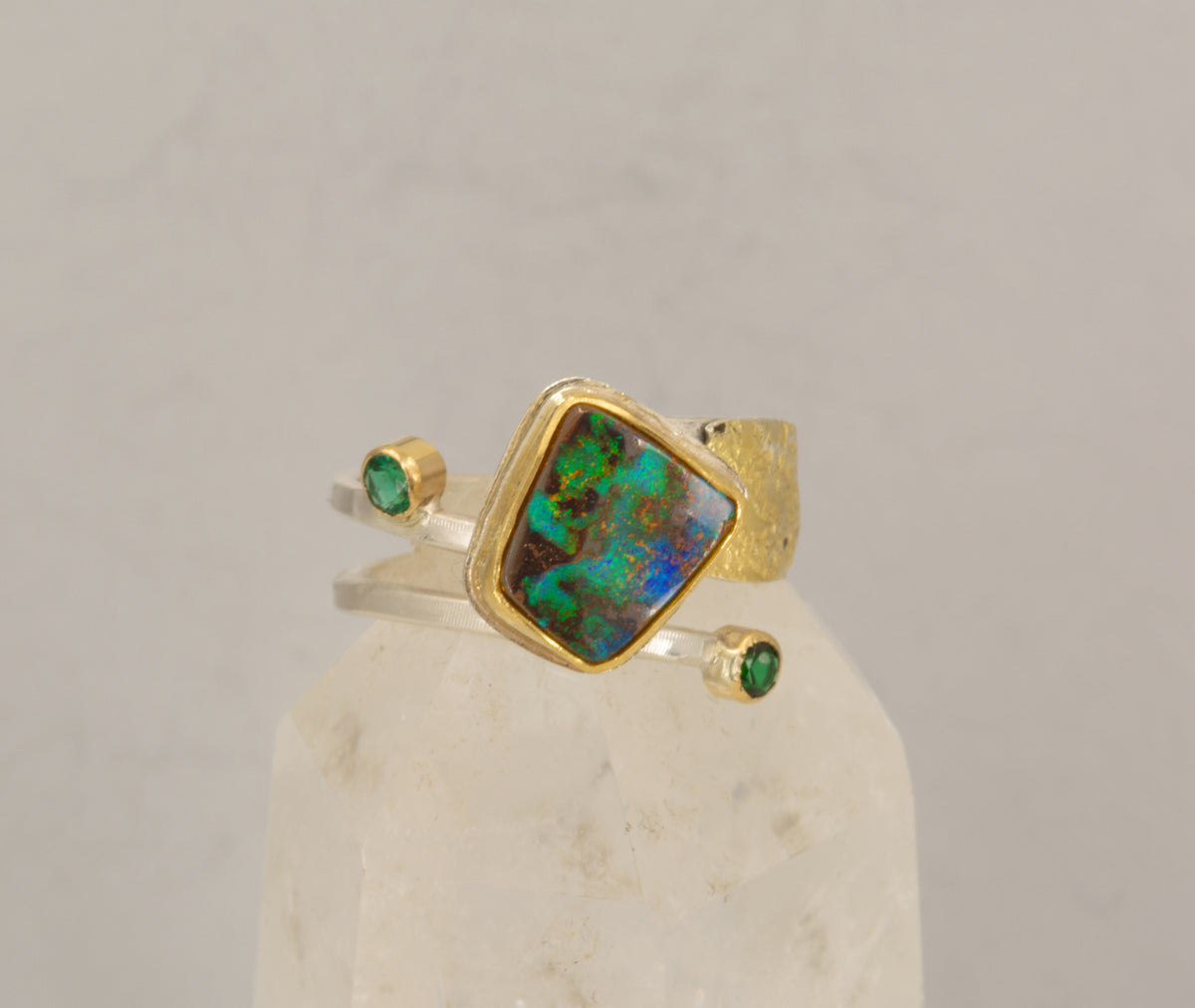 Boulder Opal & Emerald Ring in 18K Gold & Silver, Size 8.5