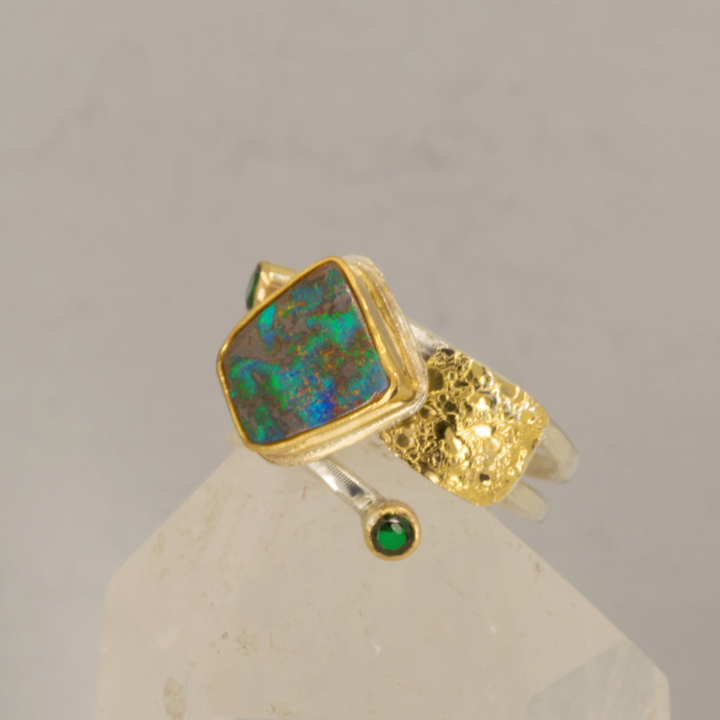 Boulder Opal & Emerald Ring in 18K Gold & Silver, Size 8.5