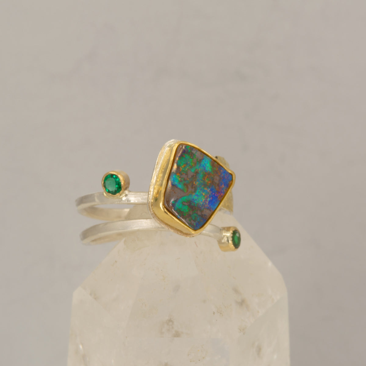Boulder Opal & Emerald Ring in 18K Gold & Silver, Size 8.5