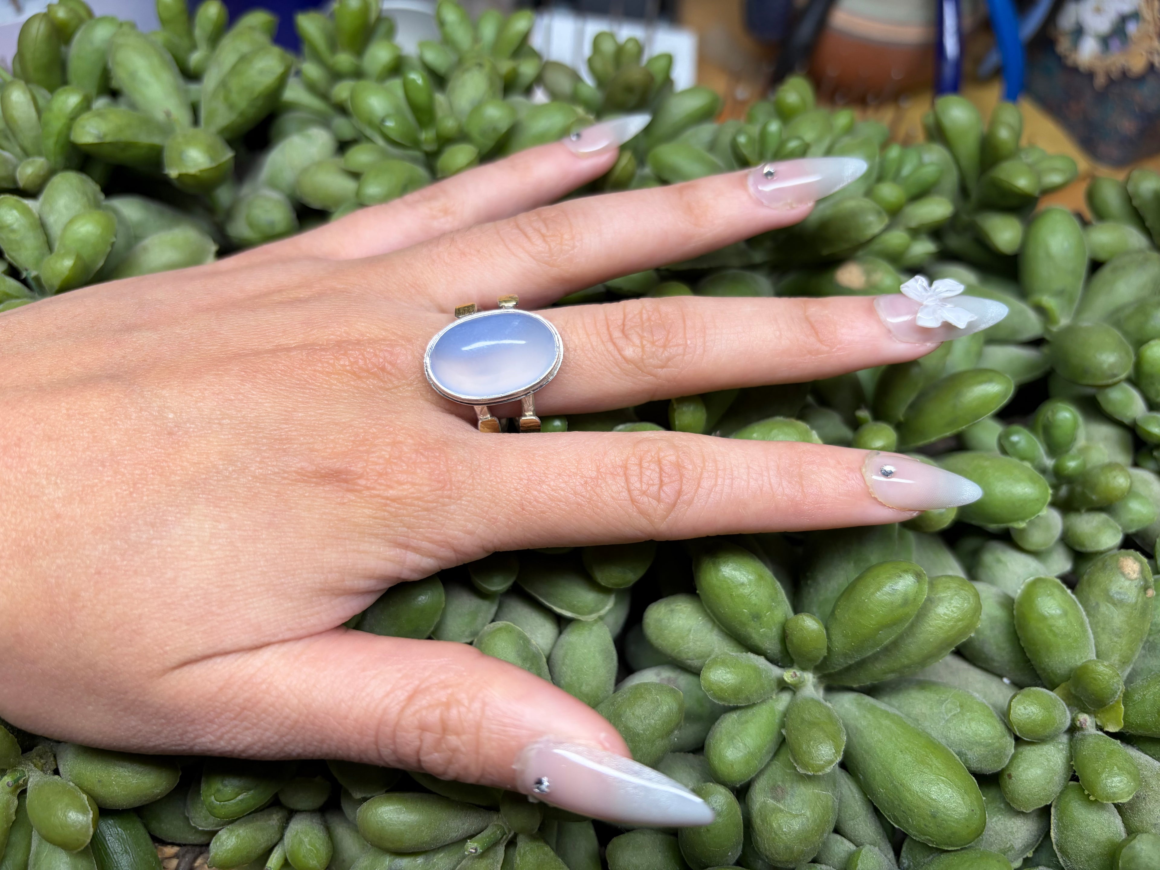 Natural Chalcedony Statement Ring: Handmade Sterling Silver and 18K Gold Ring