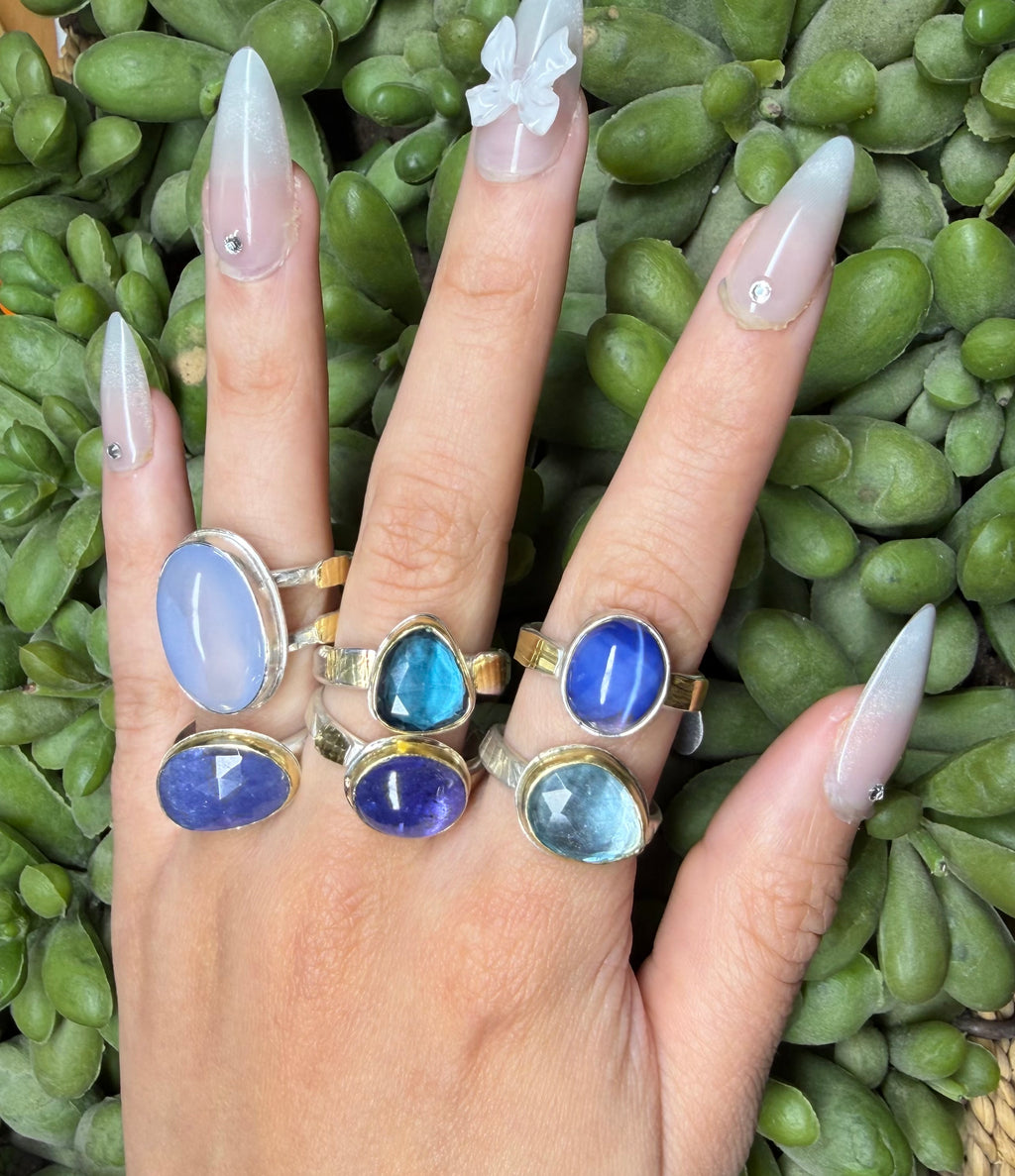 Natural Chalcedony Statement Ring: Handmade Sterling Silver and 18K Gold Ring