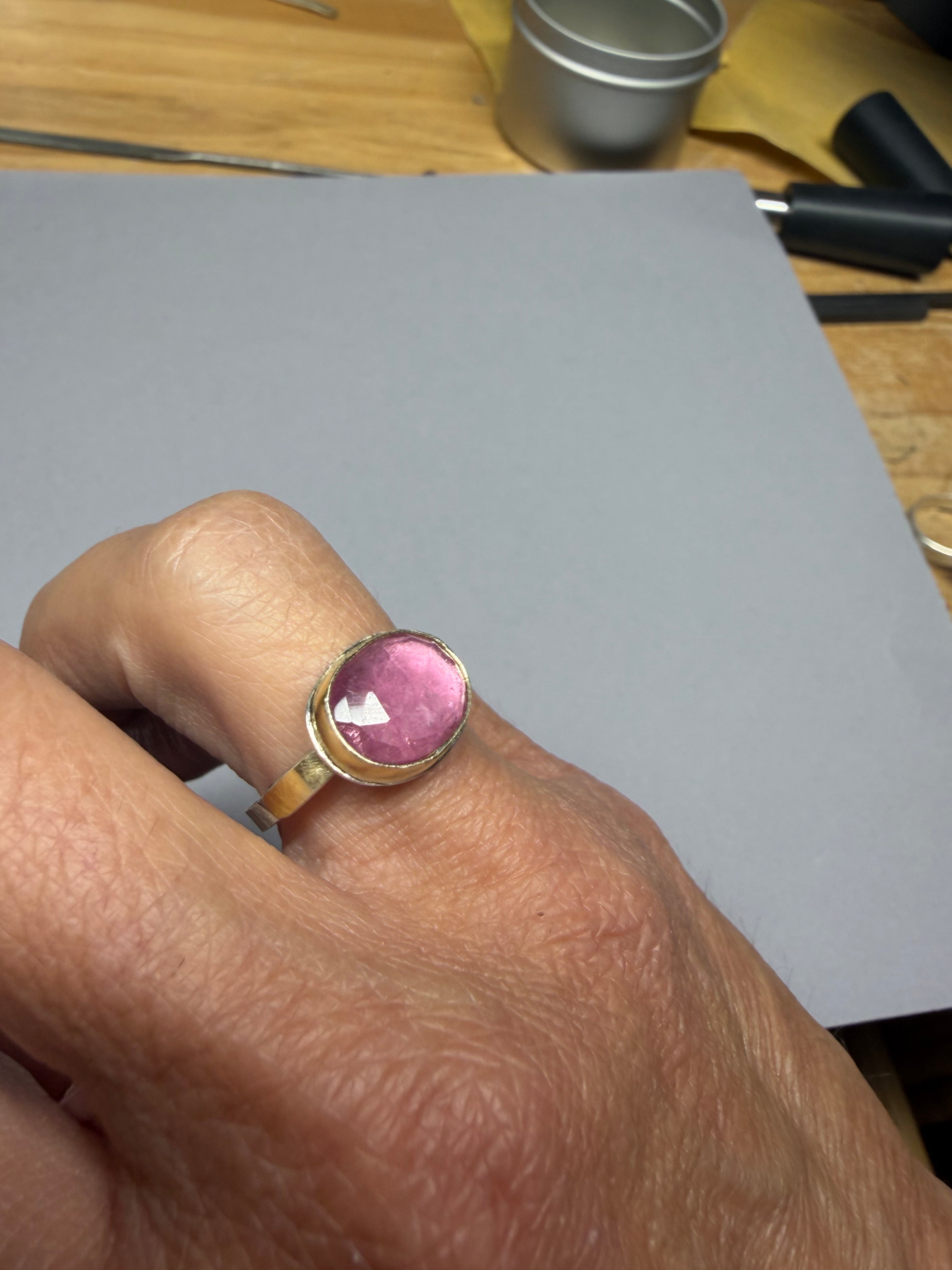 Pink Tourmaline Ring – 18K Gold & Triple Sterling Silver Band