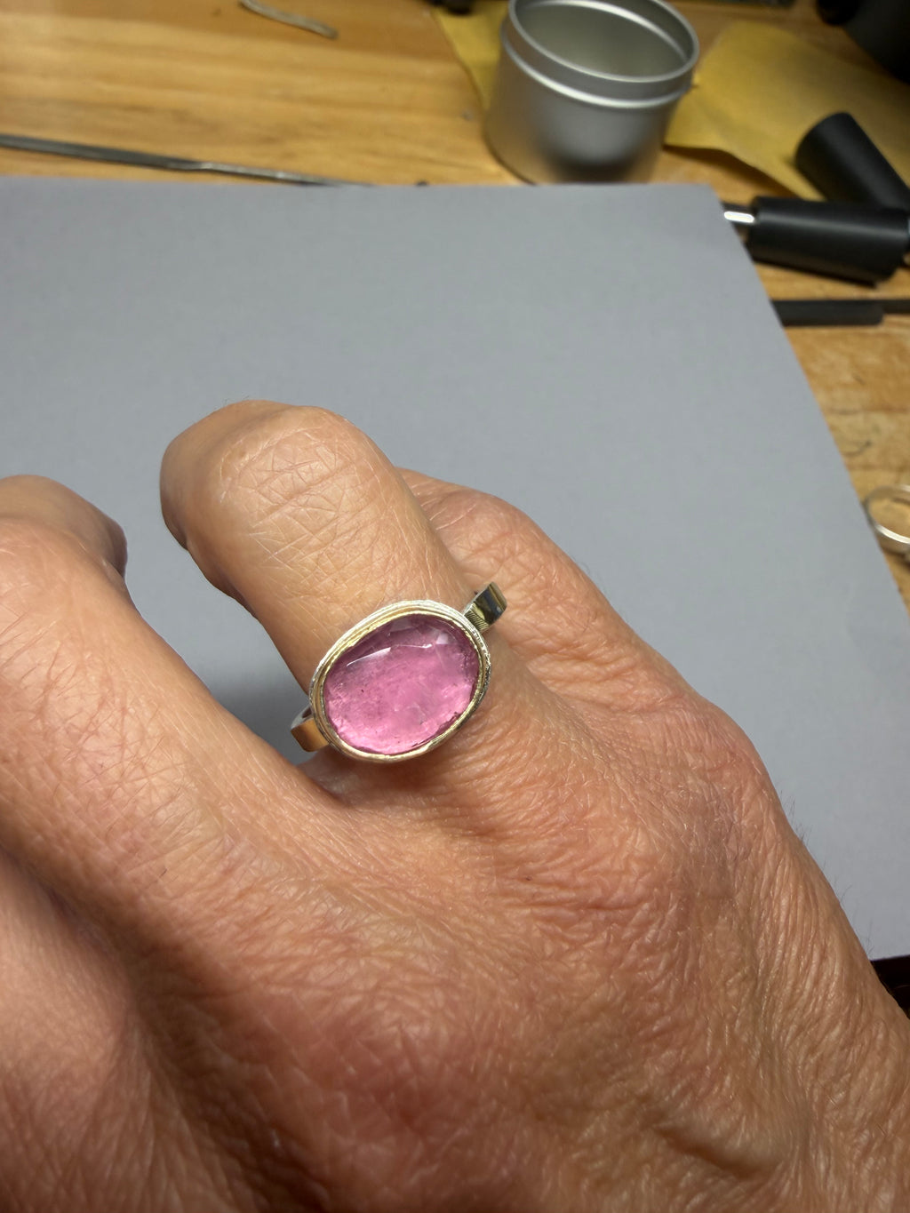 Pink Tourmaline Ring – 18K Gold & Triple Sterling Silver Band