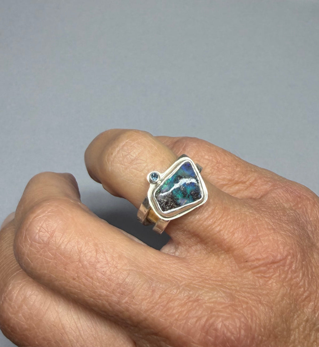 Australian Boulder Opal Ring | Argentium Silver & 18K Gold | Blue Topaz | One of a Kind