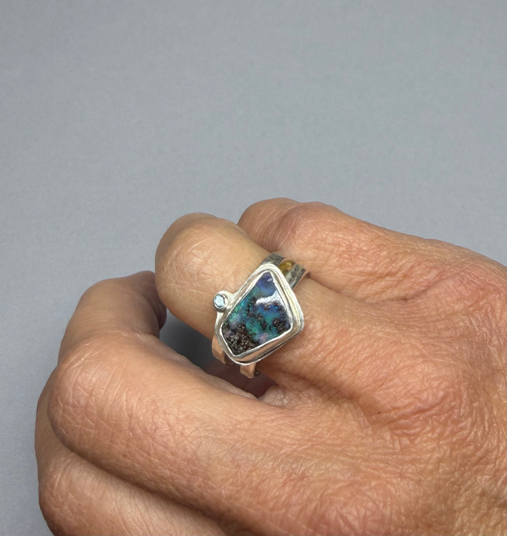 Australian Boulder Opal Ring | Argentium Silver & 18K Gold | Blue Topaz | One of a Kind