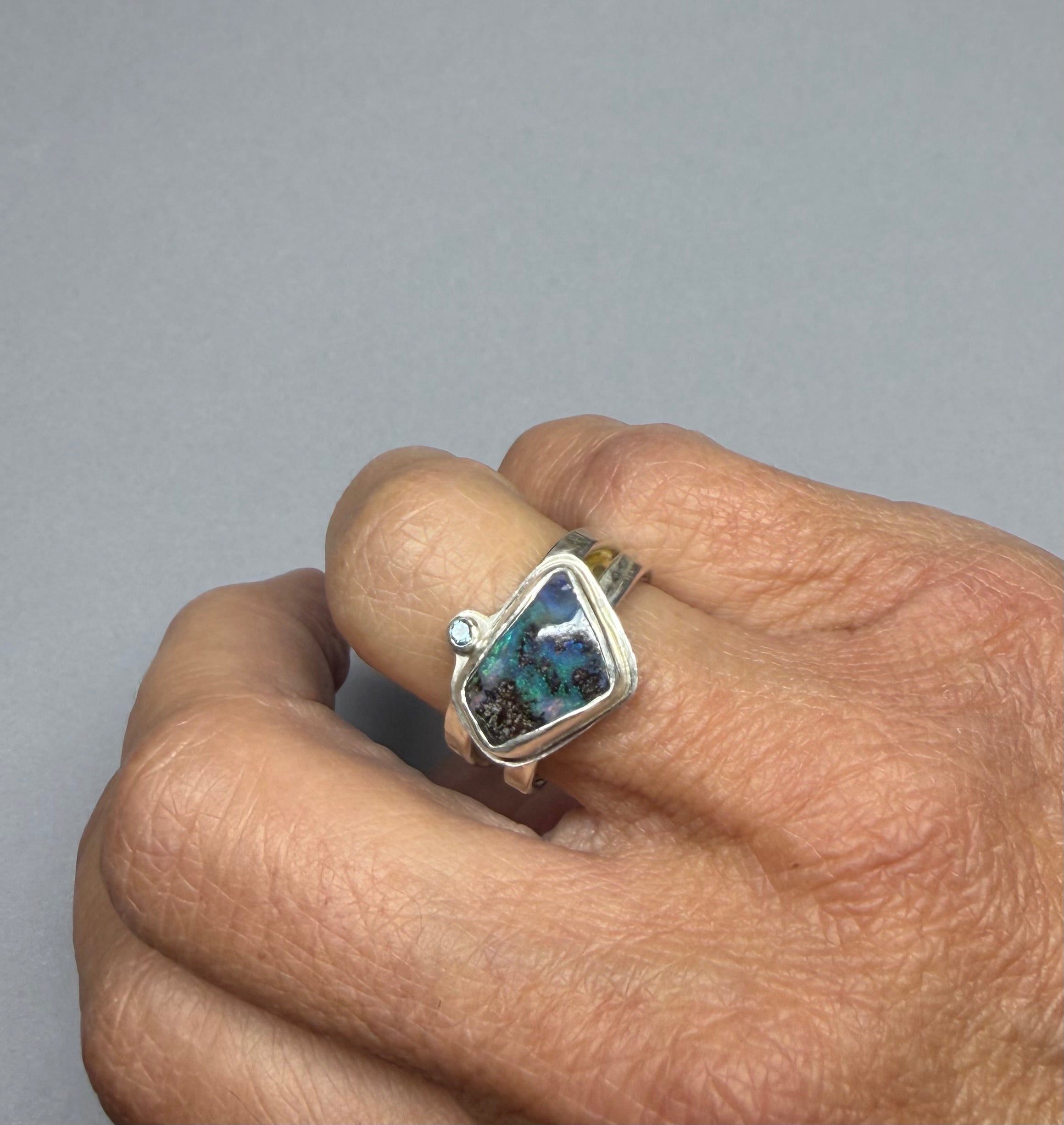 Australian Boulder Opal Ring | Argentium Silver & 18K Gold | Blue Topaz | One of a Kind