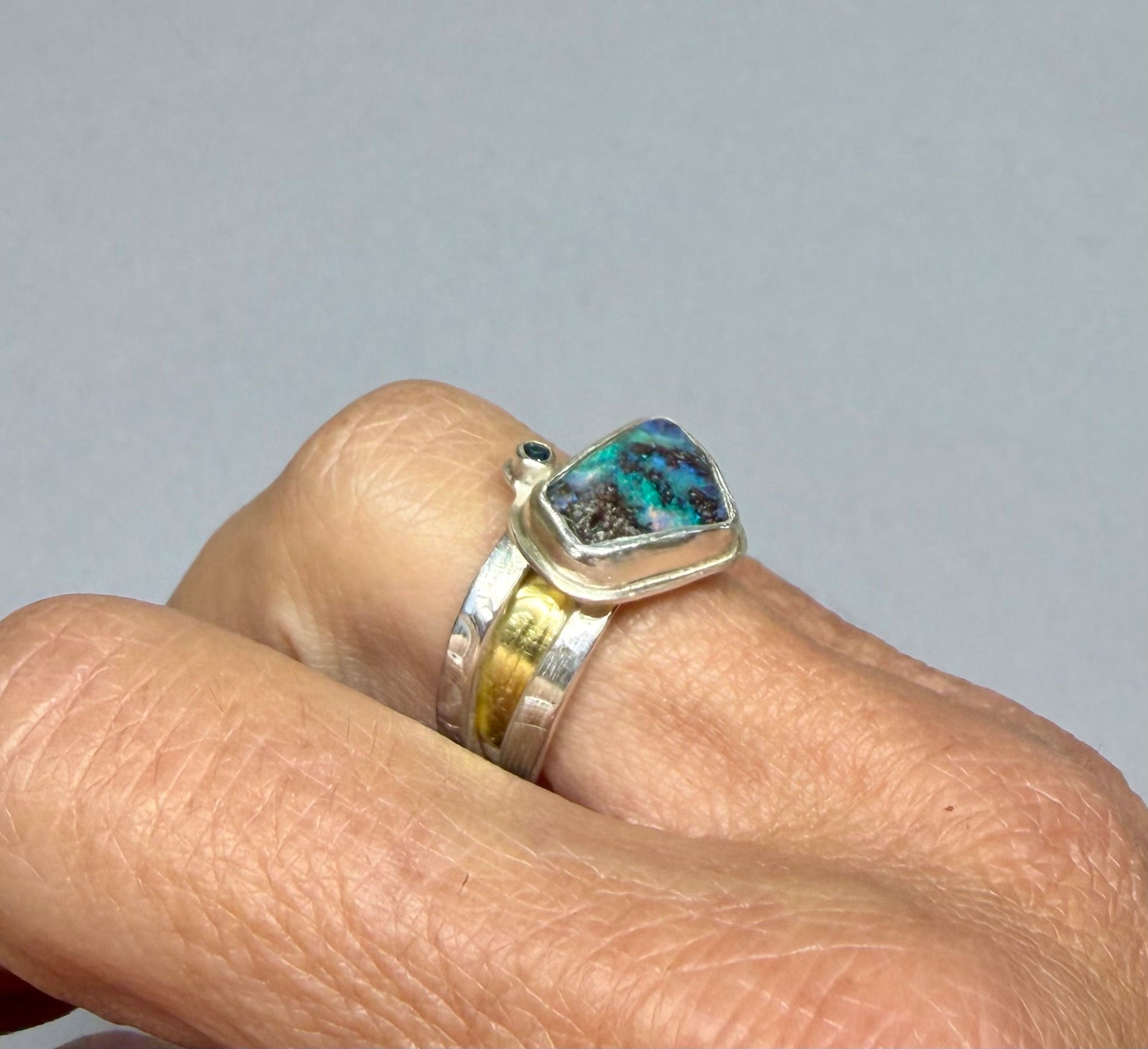 Australian Boulder Opal Ring | Argentium Silver & 18K Gold | Blue Topaz | One of a Kind