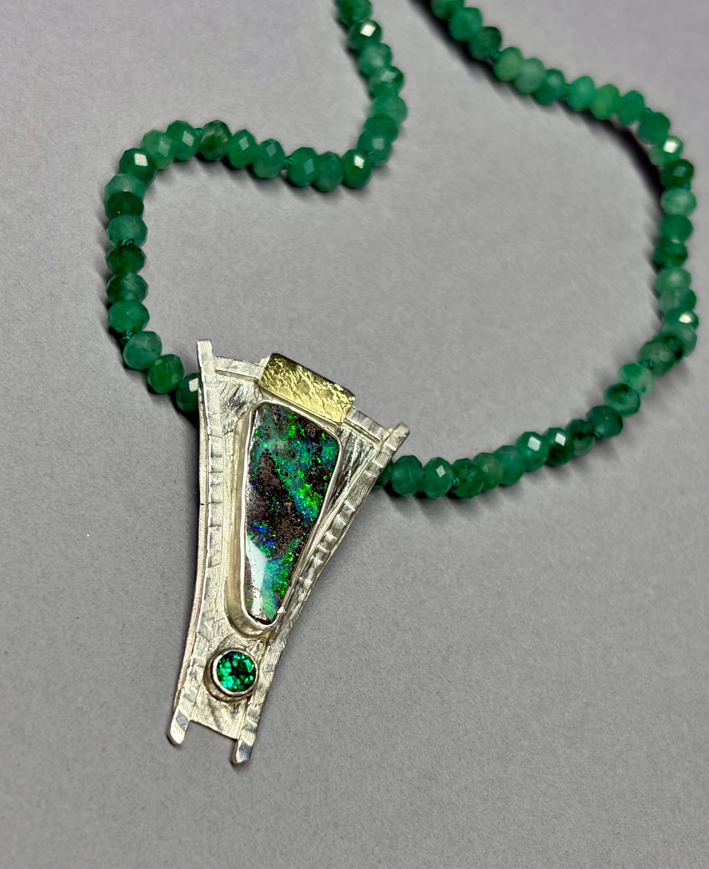 Australian Boulder Opal Necklace – Sterling Silver, 18K Gold & Emerald