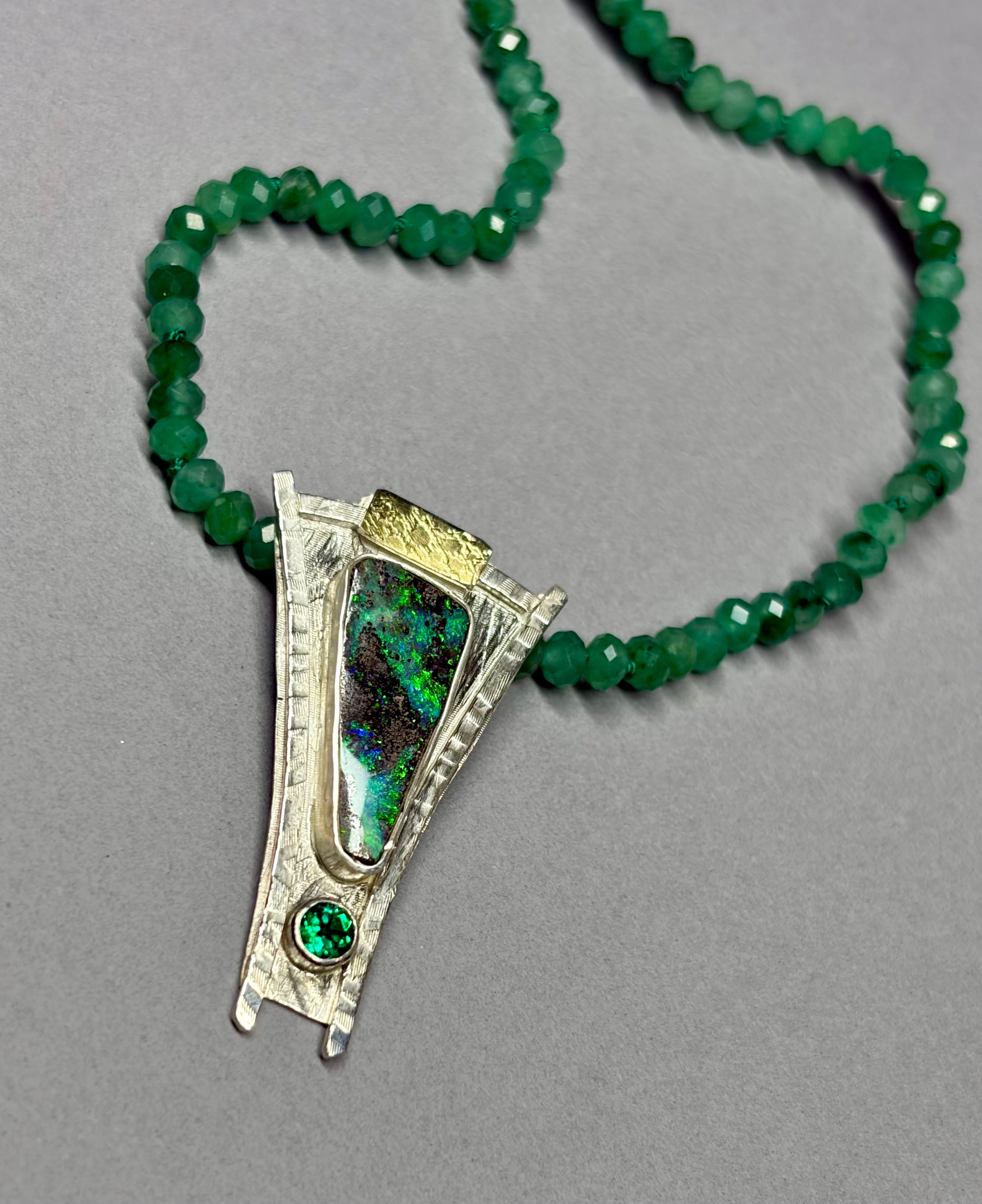 Australian Boulder Opal Necklace – Sterling Silver, 18K Gold & Emerald