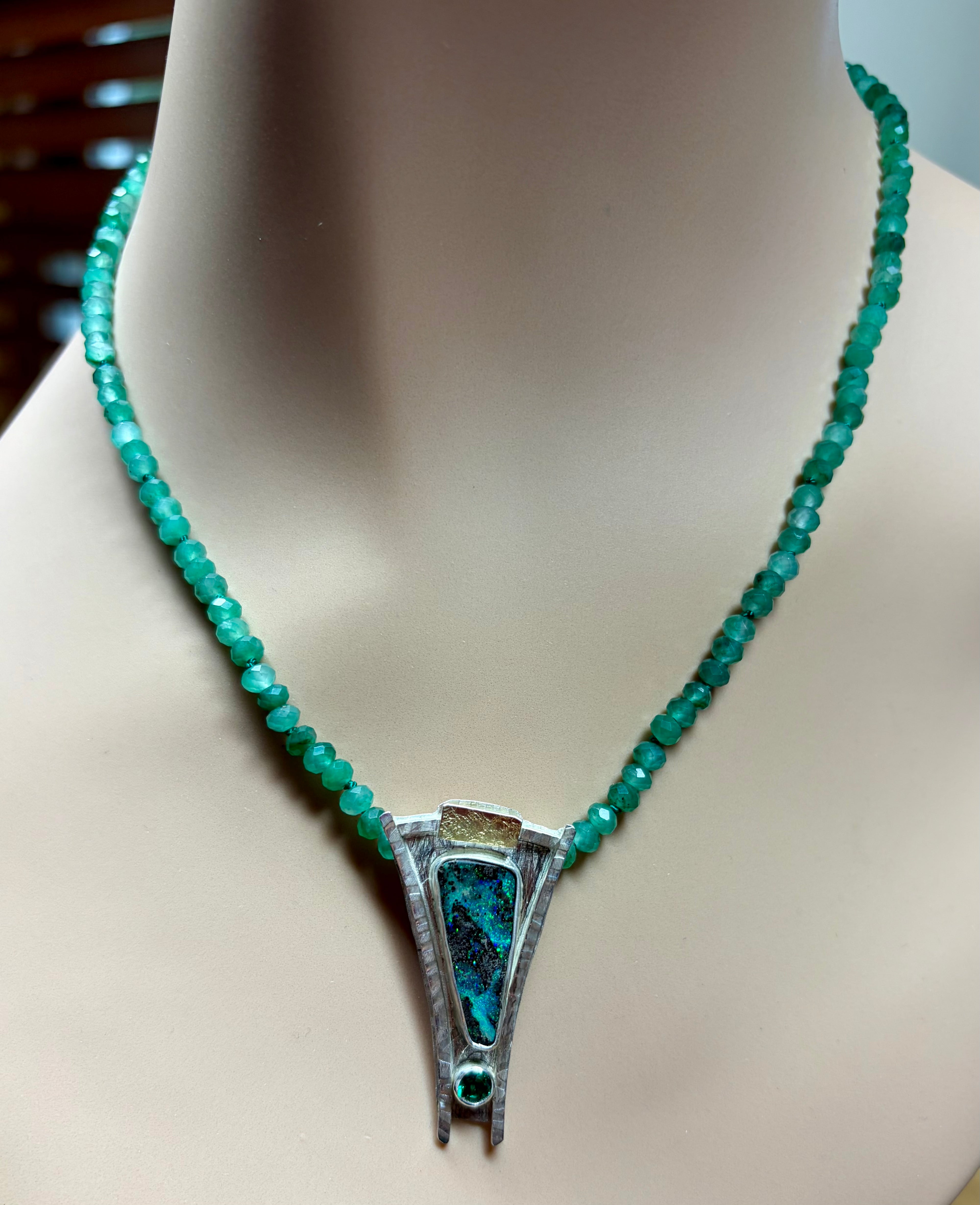 Australian Boulder Opal Necklace – Sterling Silver, 18K Gold & Emerald