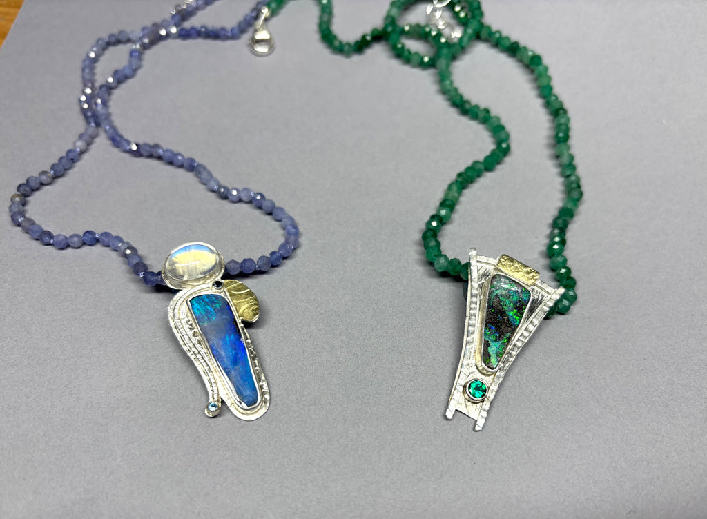 Australian Boulder Opal Necklace – Sterling Silver, 18K Gold & Emerald