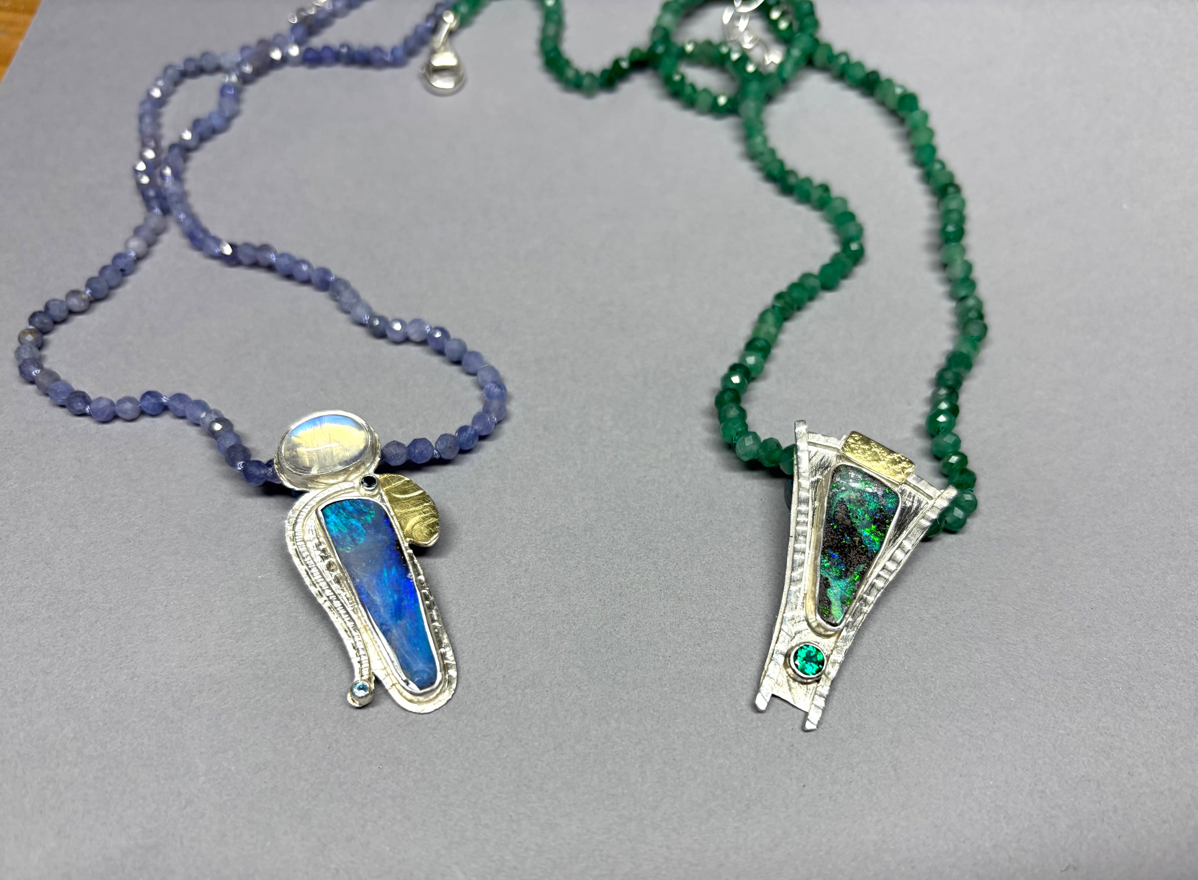 Australian Boulder Opal Necklace – Sterling Silver, 18K Gold & Emerald