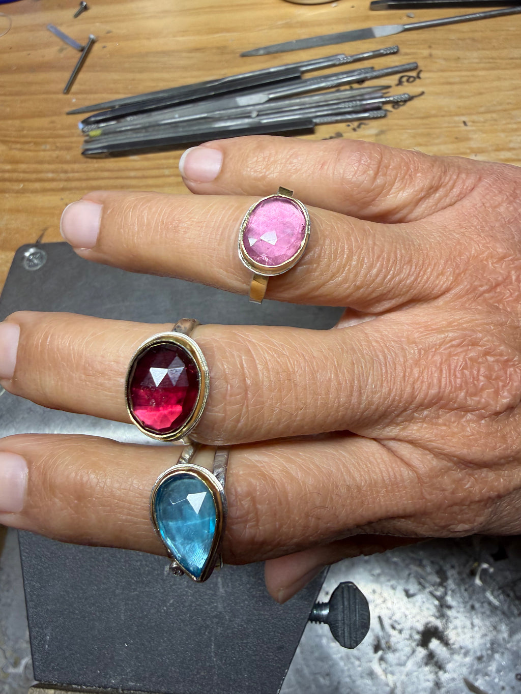 Pink Tourmaline Ring – 18K Gold & Triple Sterling Silver Band