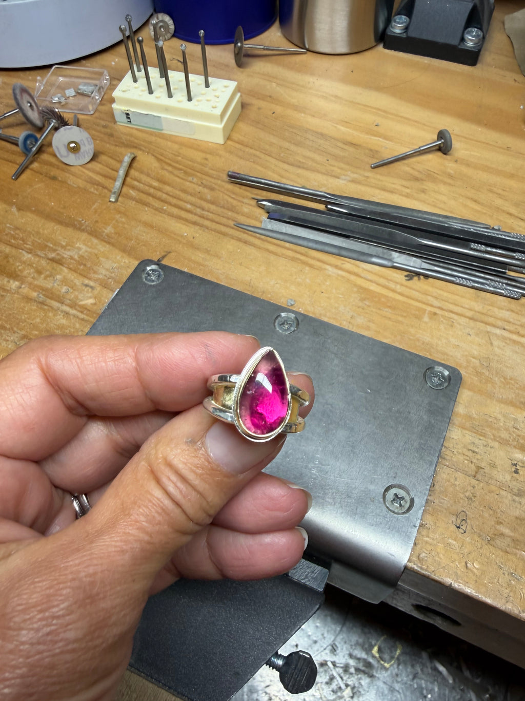 Rubellite Tourmaline Ring – 18K Gold Bezel & Argentium Sterling Silver Double Band