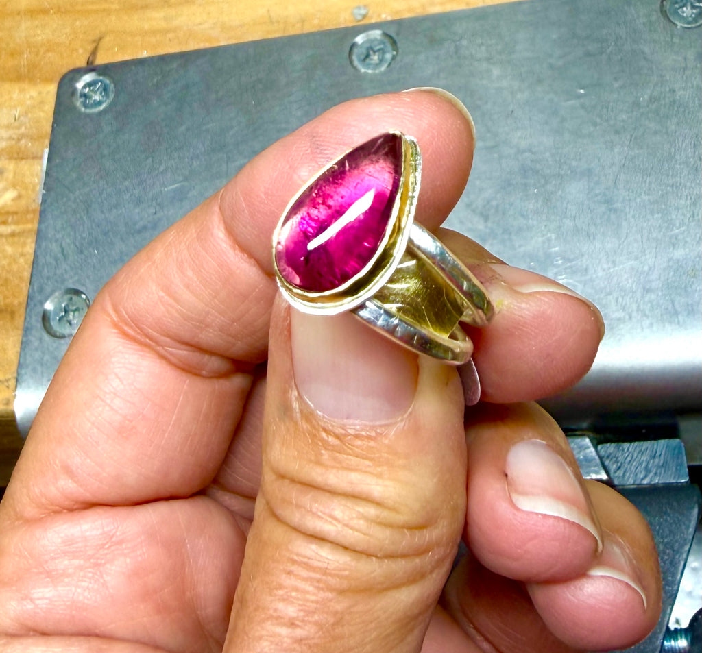 Rubellite Tourmaline Ring – 18K Gold Bezel & Argentium Sterling Silver Double Band