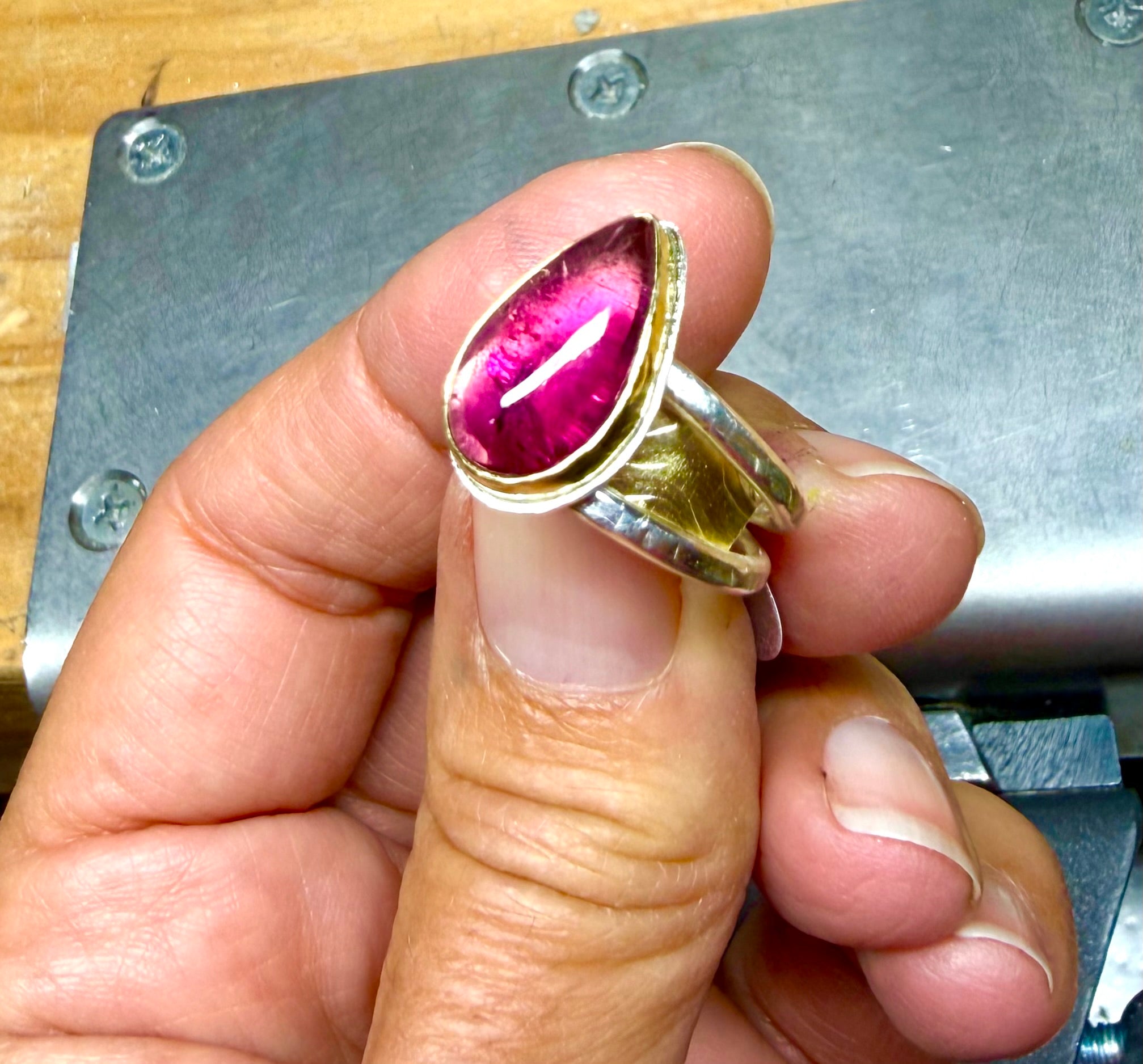 Rubellite Tourmaline Ring – 18K Gold Bezel & Argentium Sterling Silver Double Band