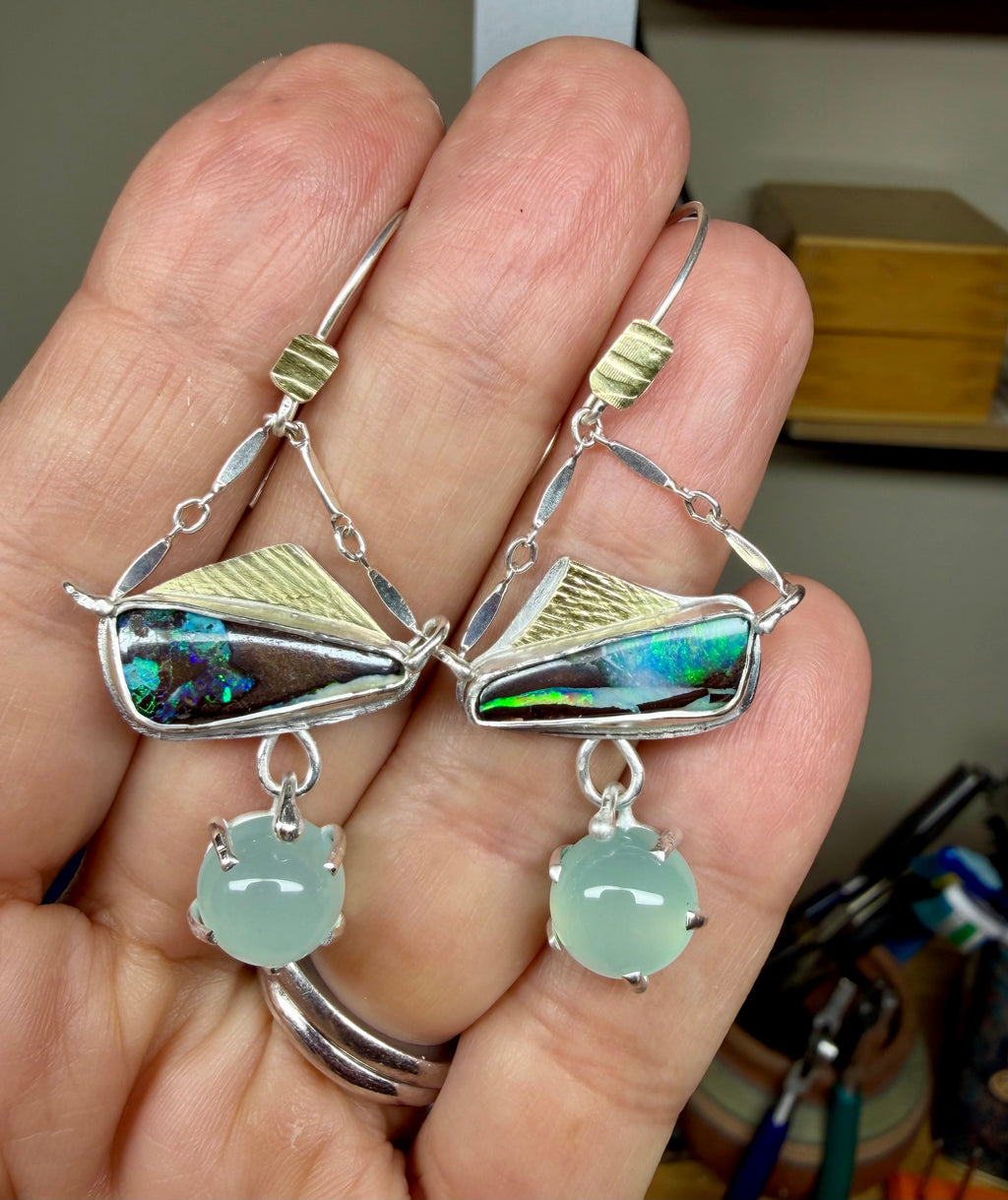 Boulder Opal & Aqua Chalcedony Dangle Earrings – Fine Silver & 18K Gold