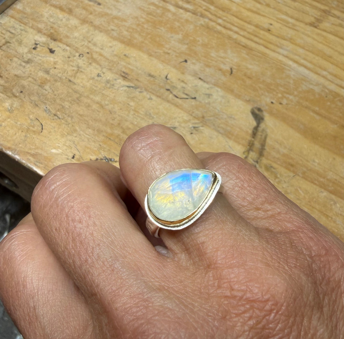 Rainbow Moonstone Ring, 18K Gold Bezel & Argentium Sterling Silver Band