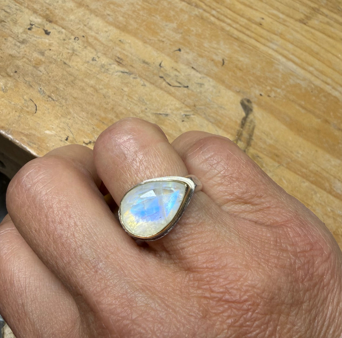 Rainbow Moonstone Ring, 18K Gold Bezel & Argentium Sterling Silver Band