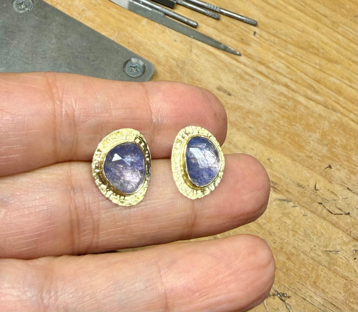 Rose-Cut Tanzanite Stud Earrings | 18K Gold & Silver