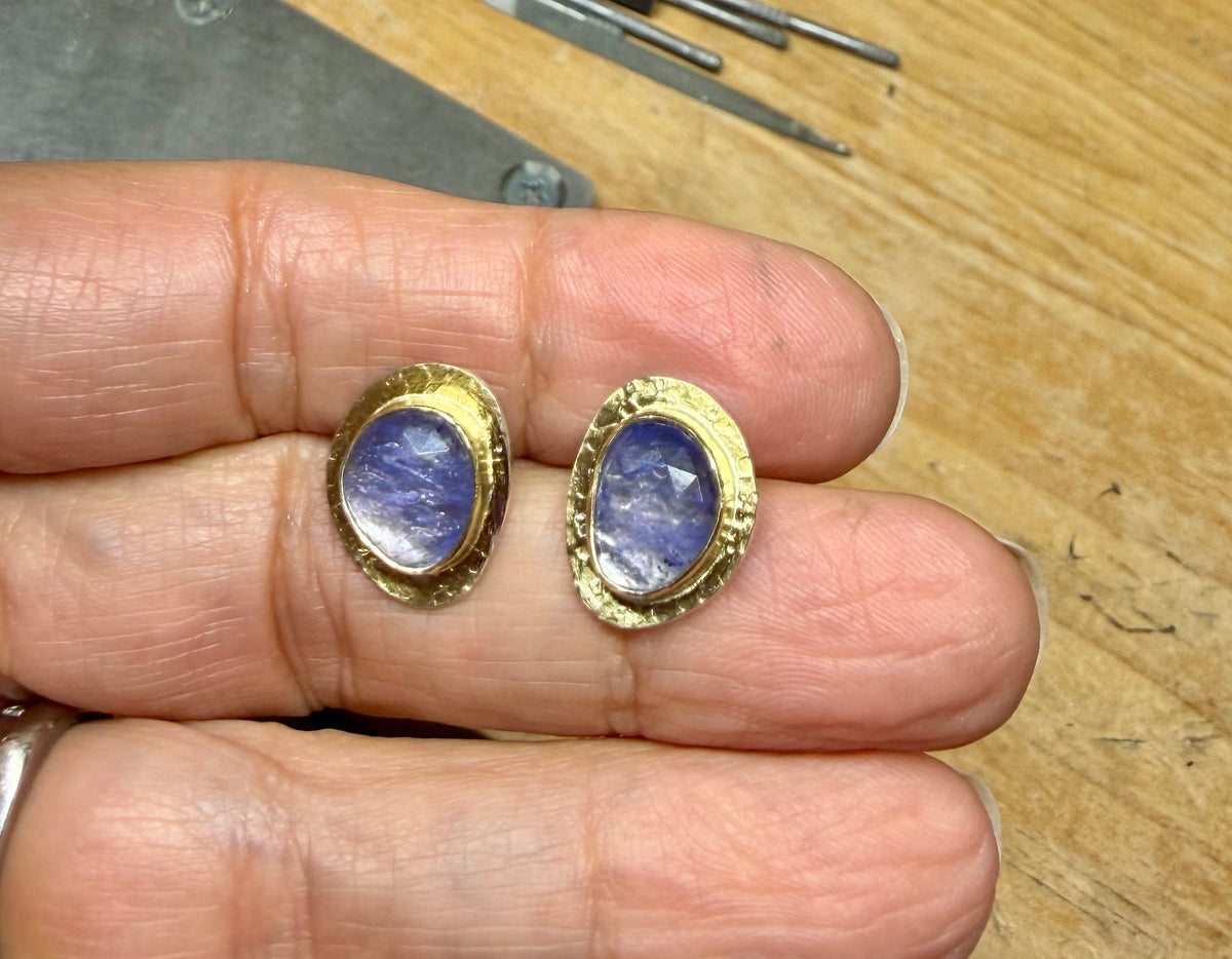 Rose-Cut Tanzanite Stud Earrings | 18K Gold & Silver