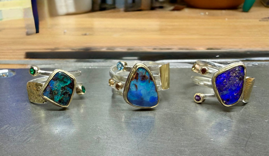 Boulder Opal 18K Gold Ring: Handmade Sterling Silver Multi-Band, US Size 9