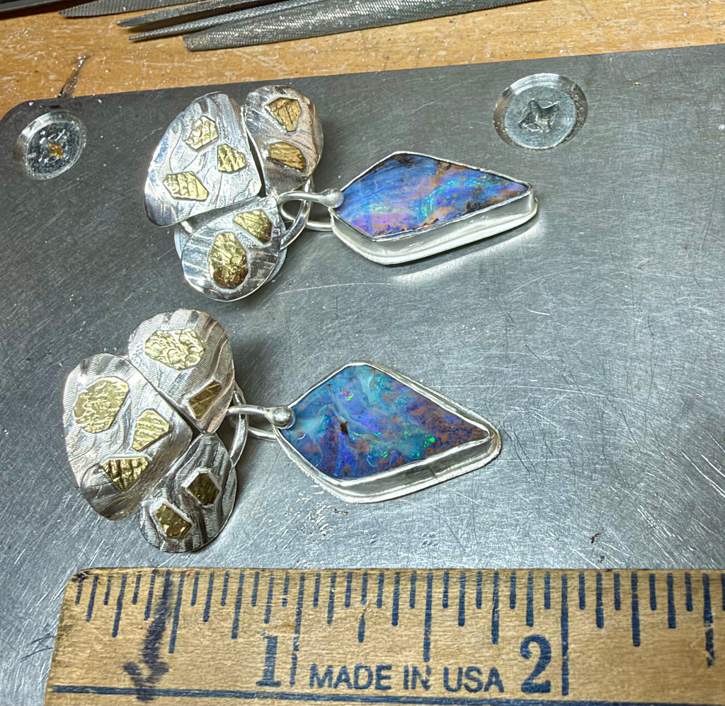 Boulder Opal Leaf Earrings in Silver & 18K Gold