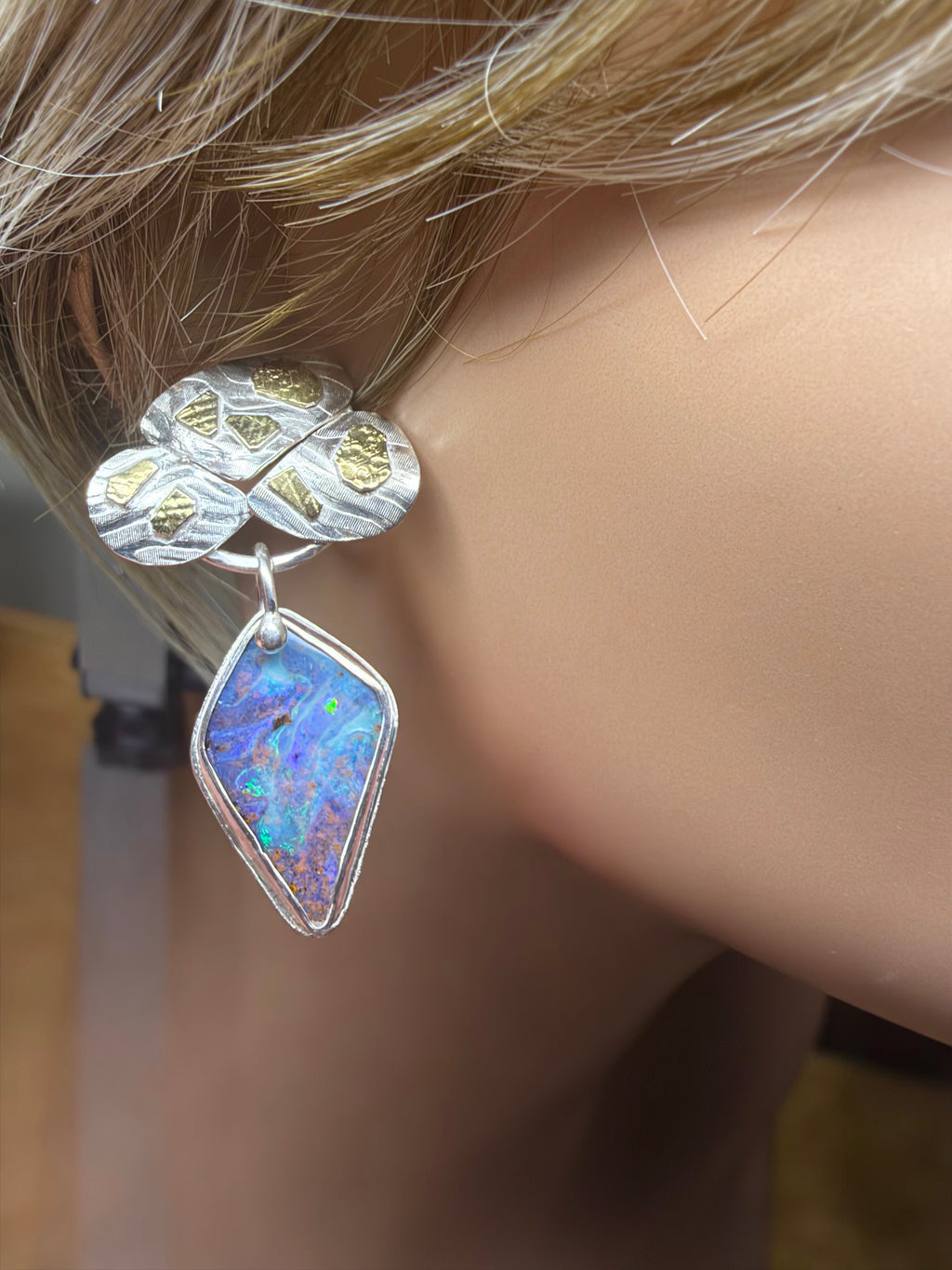 Boulder Opal Leaf Earrings in Silver & 18K Gold