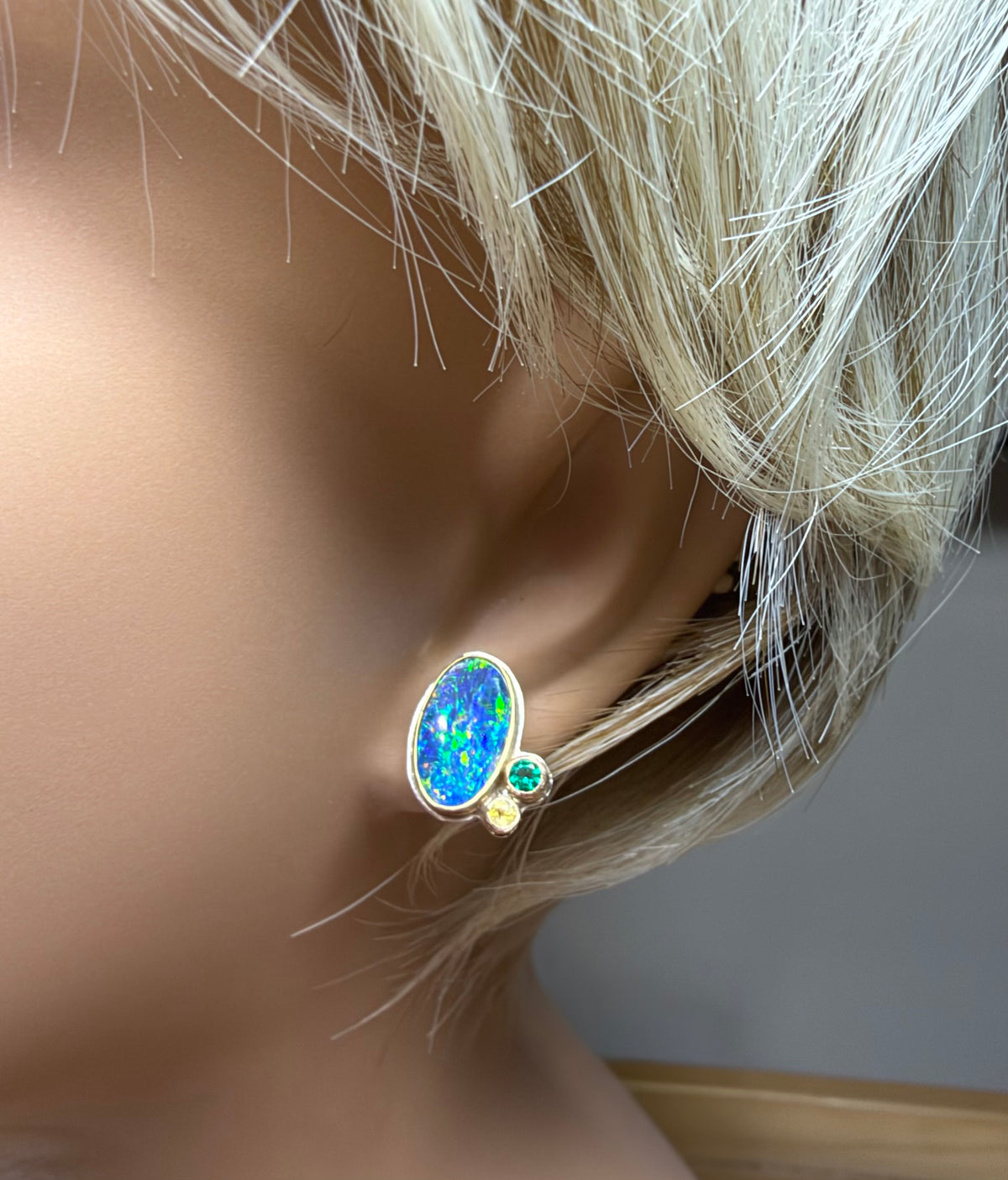 Australian Opal and Emerald and Sapphire Gold Post Earrings