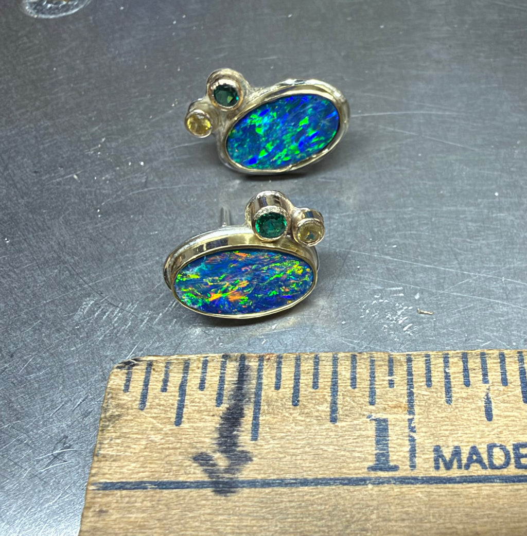 Australian Opal and Emerald and Sapphire Gold Post Earrings