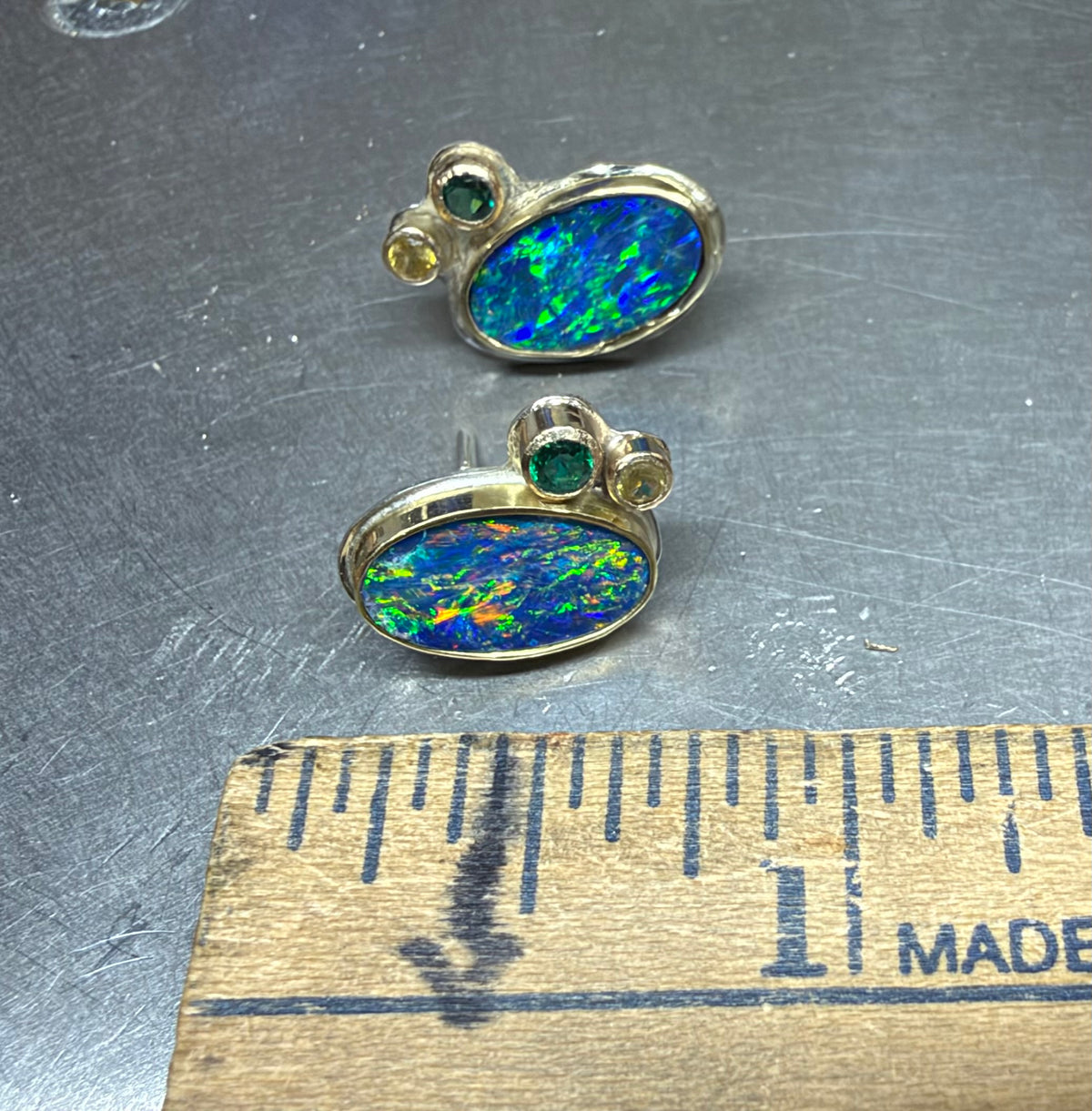 Australian Opal and Emerald and Sapphire Gold Post Earrings