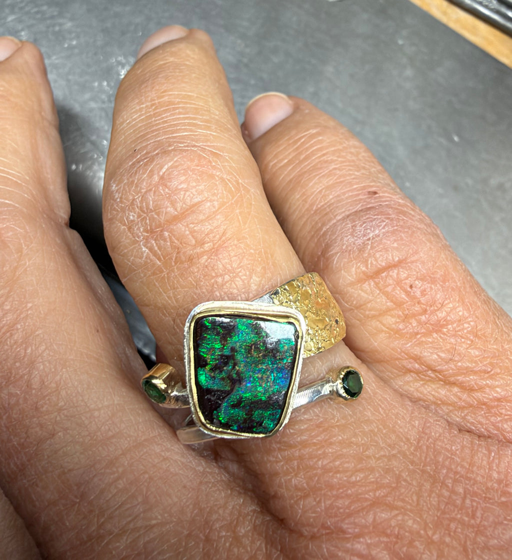 Boulder Opal & Emerald Ring in 18K Gold & Silver, Size 8.5