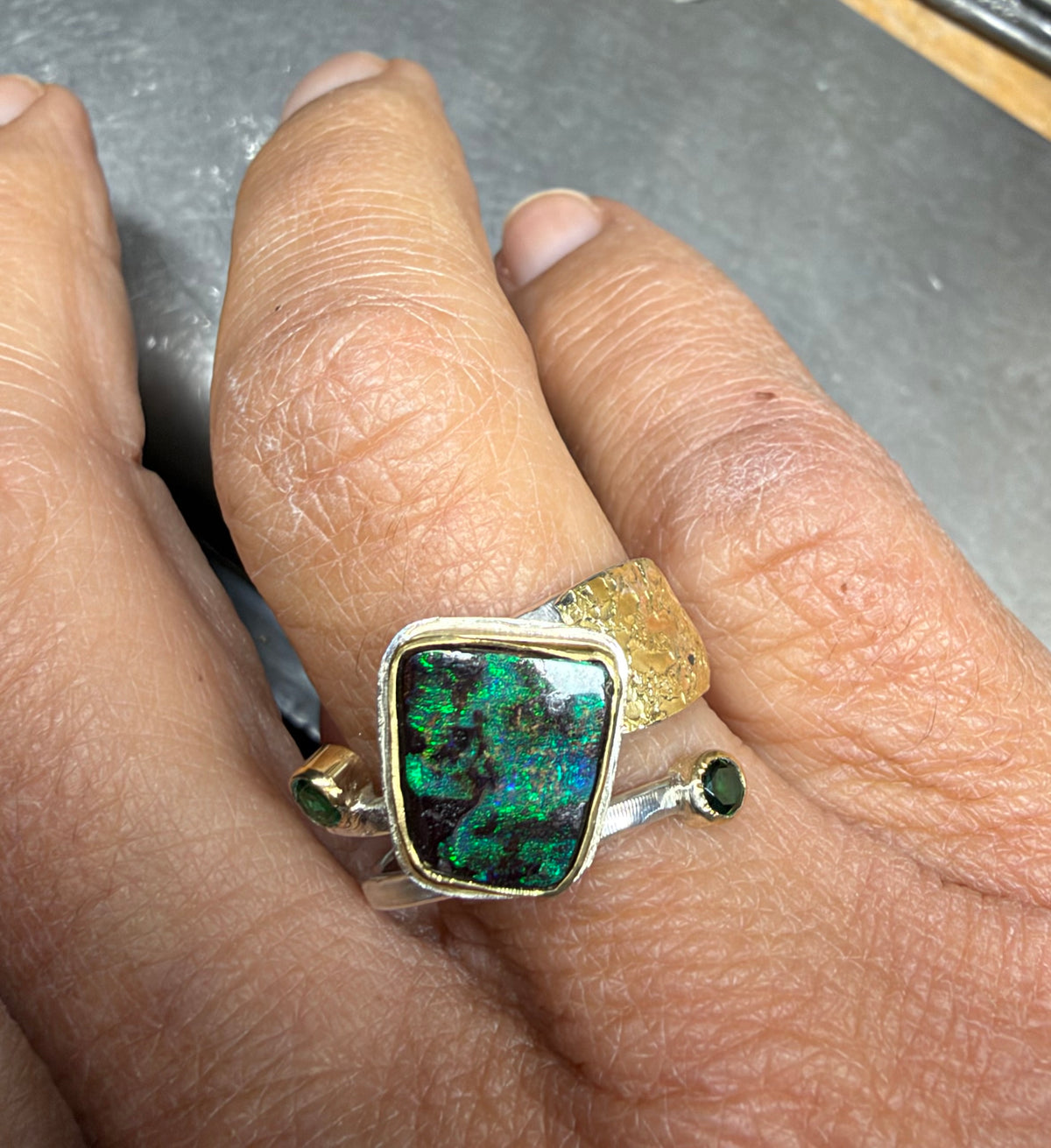 Boulder Opal & Emerald Ring in 18K Gold & Silver, Size 8.5