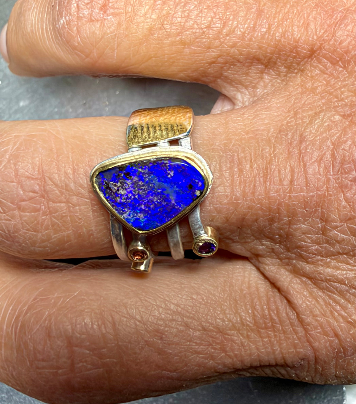 Boulder Opal & Amethyst Ring in 18K Gold & Silver, Size 9