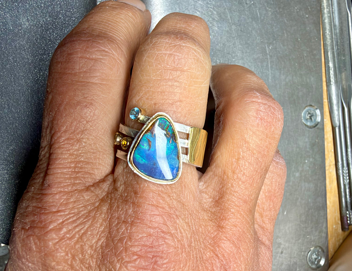 Boulder Opal 18K Gold Ring: Handmade Sterling Silver Multi-Band, US Size 9