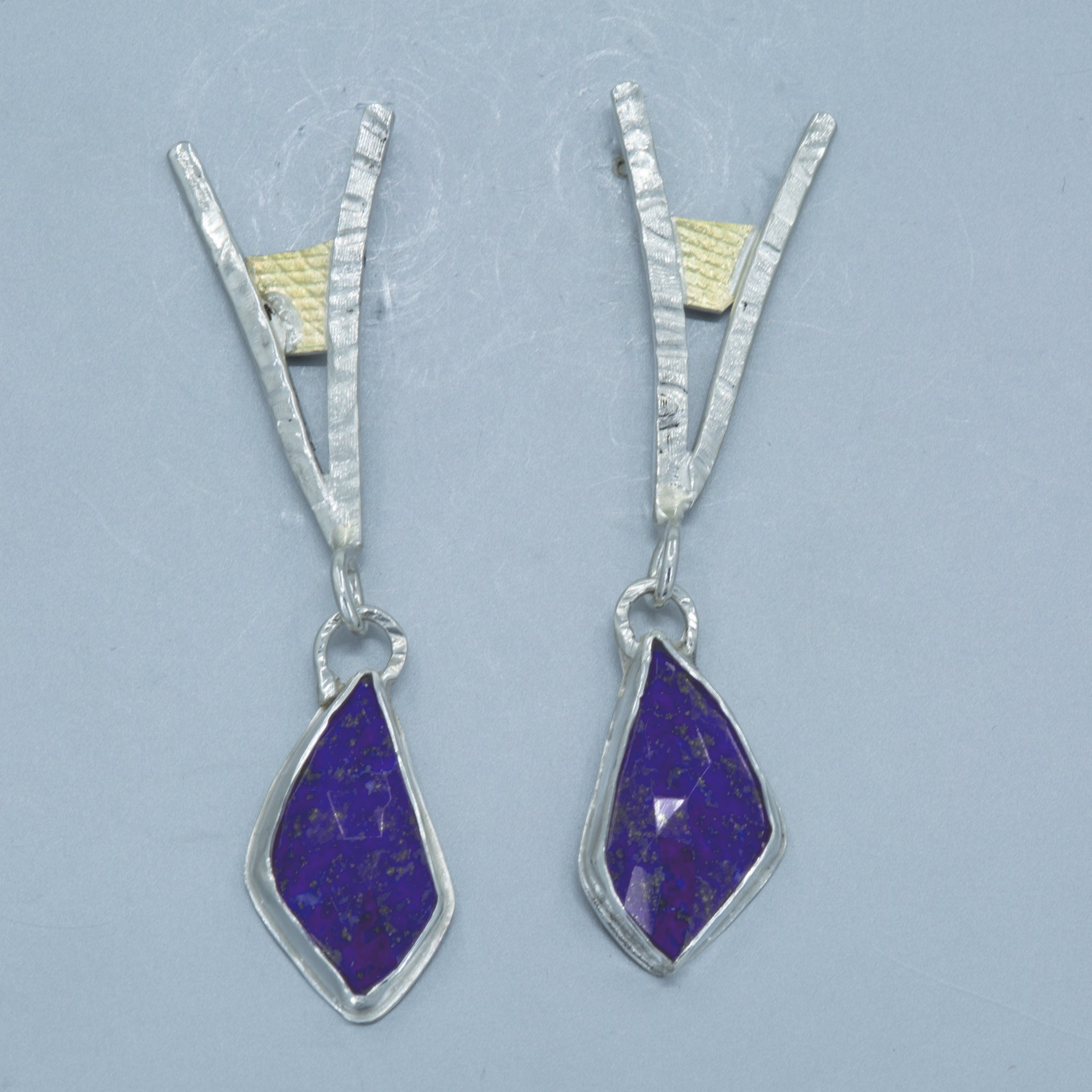 Lapis Dangle Earrings: Silver & 18K Gold, Blue Stone Metalwork Earrings