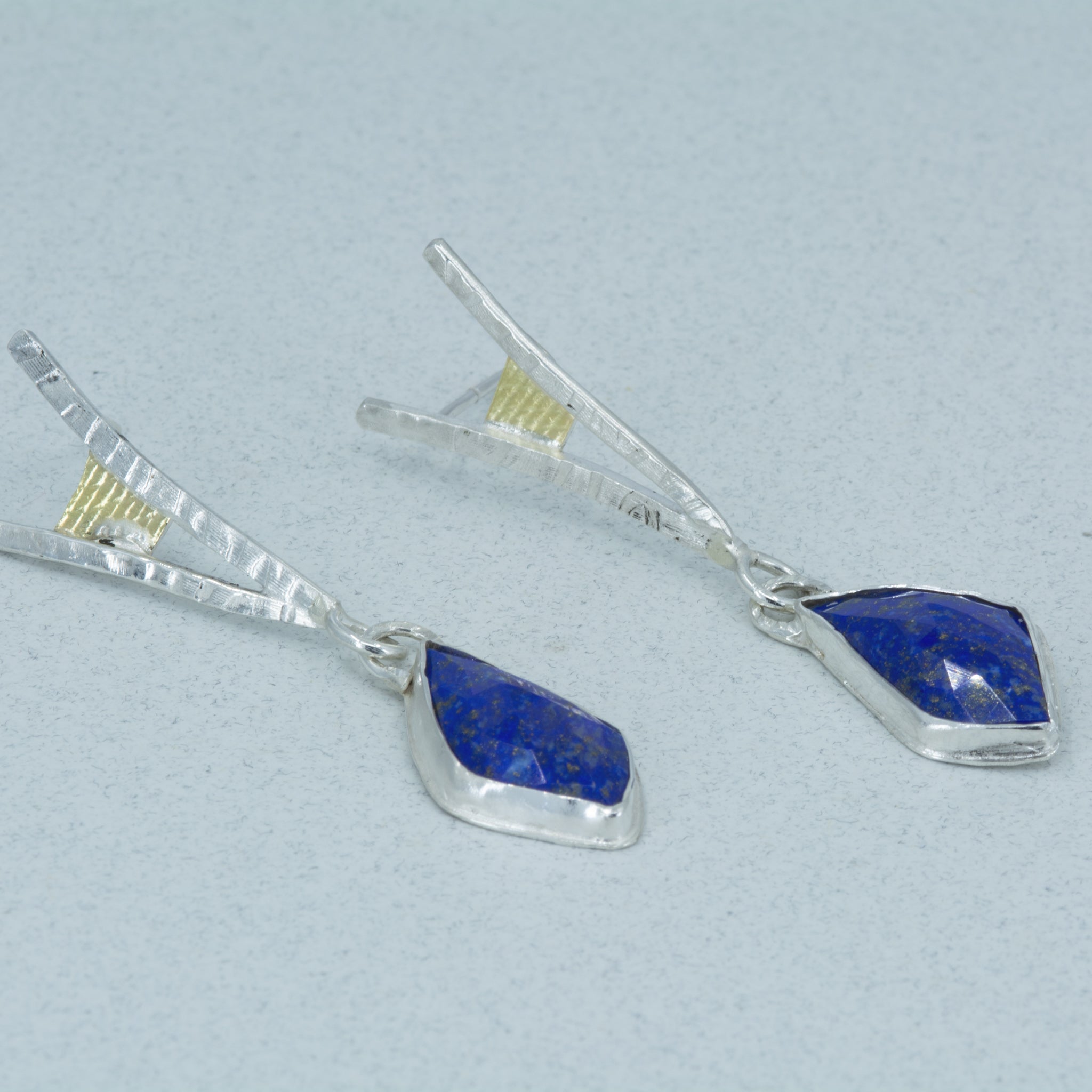 Lapis Dangle Earrings: Silver & 18K Gold, Blue Stone Metalwork Earrings