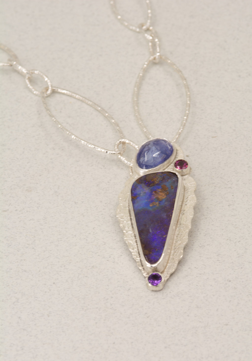 Boulder Opal Necklace: Purple Opal with Tanzanite and Mixed Stones, OOAK Australian Opal