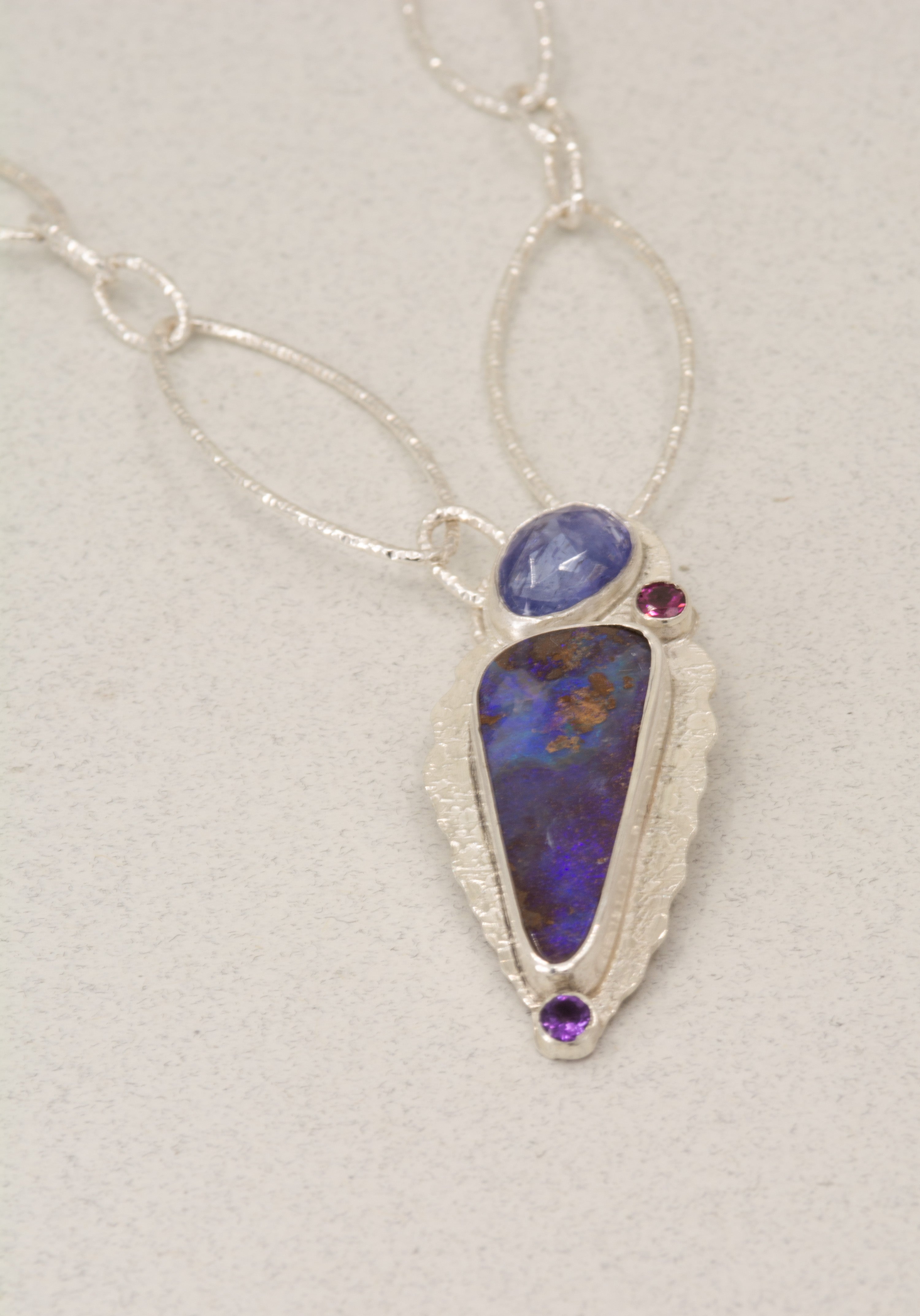 Boulder Opal Necklace: Purple Opal with Tanzanite and Mixed Stones, OOAK Australian Opal