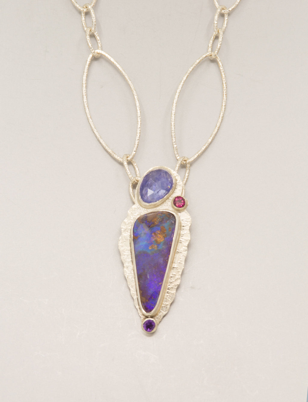 Boulder Opal Necklace: Purple Opal with Tanzanite and Mixed Stones, OOAK Australian Opal