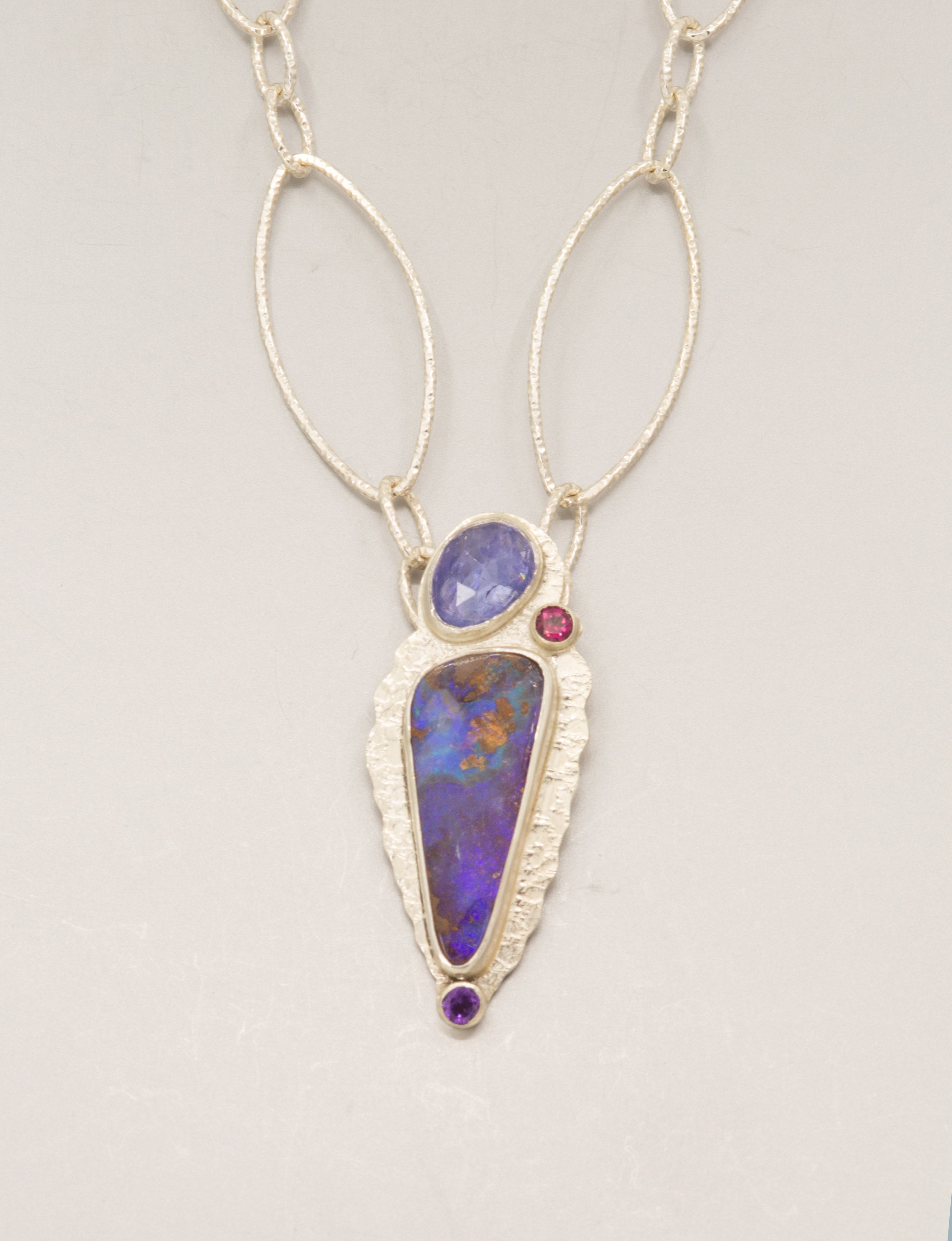 Boulder Opal Necklace: Purple Opal with Tanzanite and Mixed Stones, OOAK Australian Opal