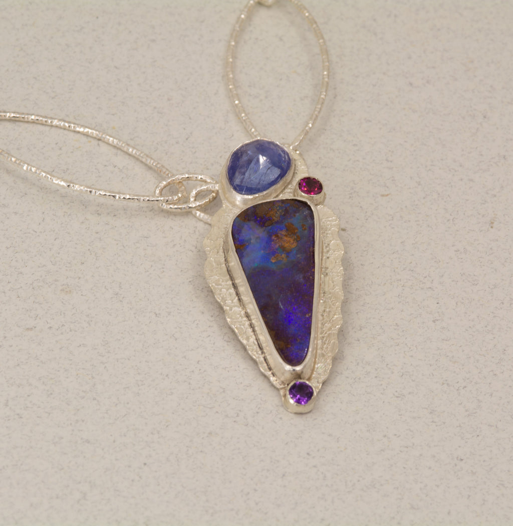 Boulder Opal Necklace: Purple Opal with Tanzanite and Mixed Stones, OOAK Australian Opal
