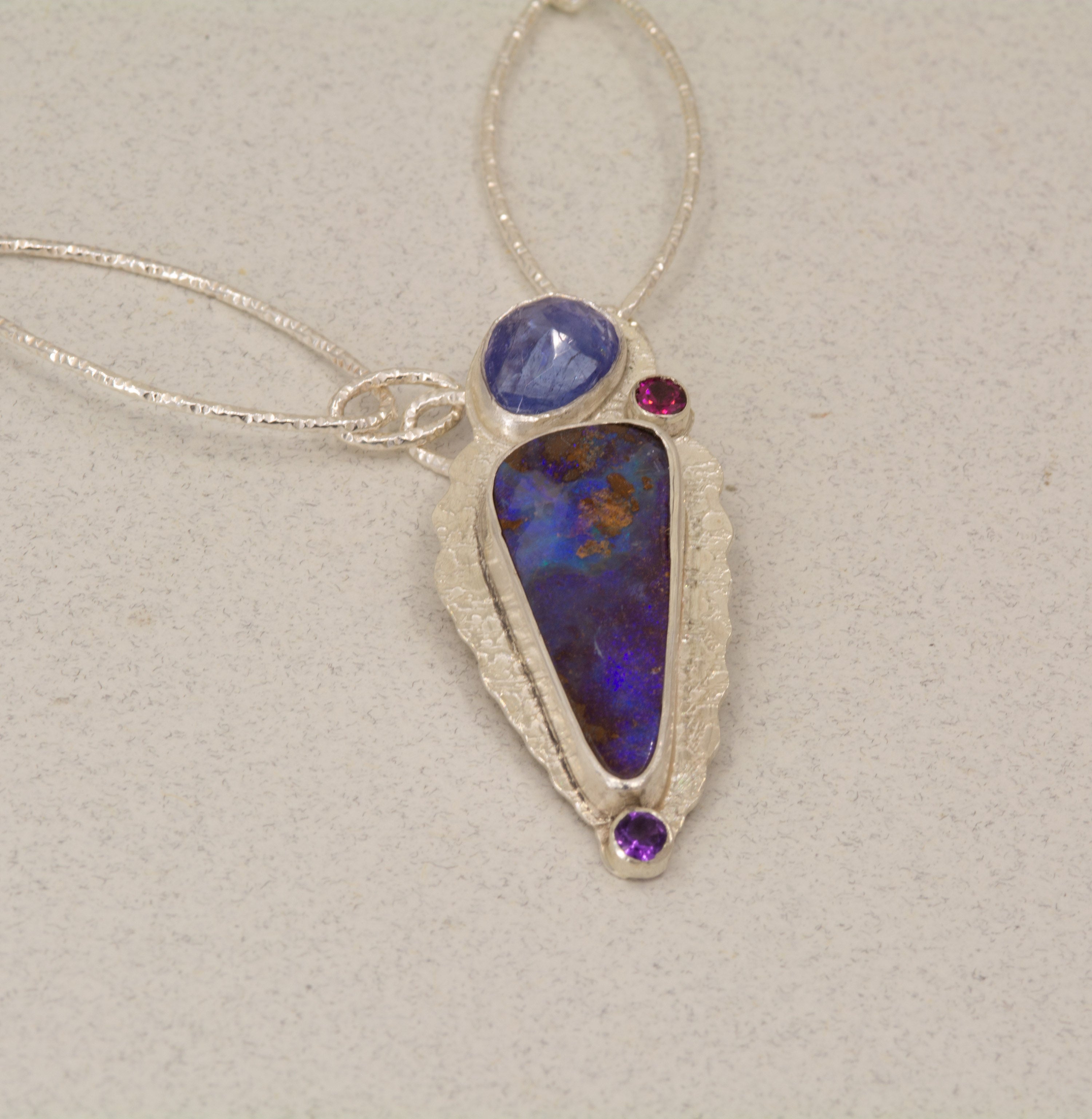 Boulder Opal Necklace: Purple Opal with Tanzanite and Mixed Stones, OOAK Australian Opal