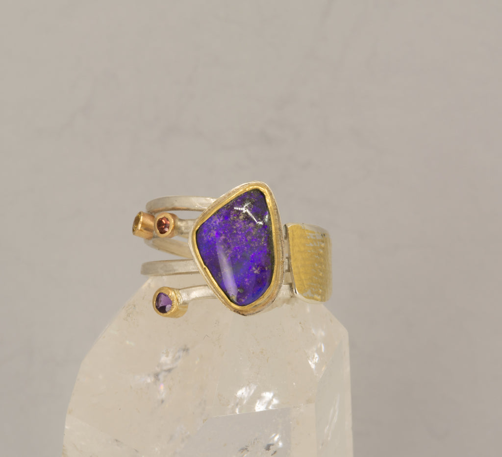 Boulder Opal & Amethyst Ring in 18K Gold & Silver, Size 9