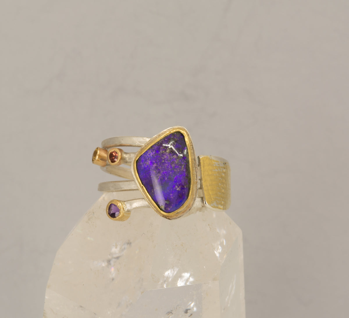 Boulder Opal & Amethyst Ring in 18K Gold & Silver, Size 9